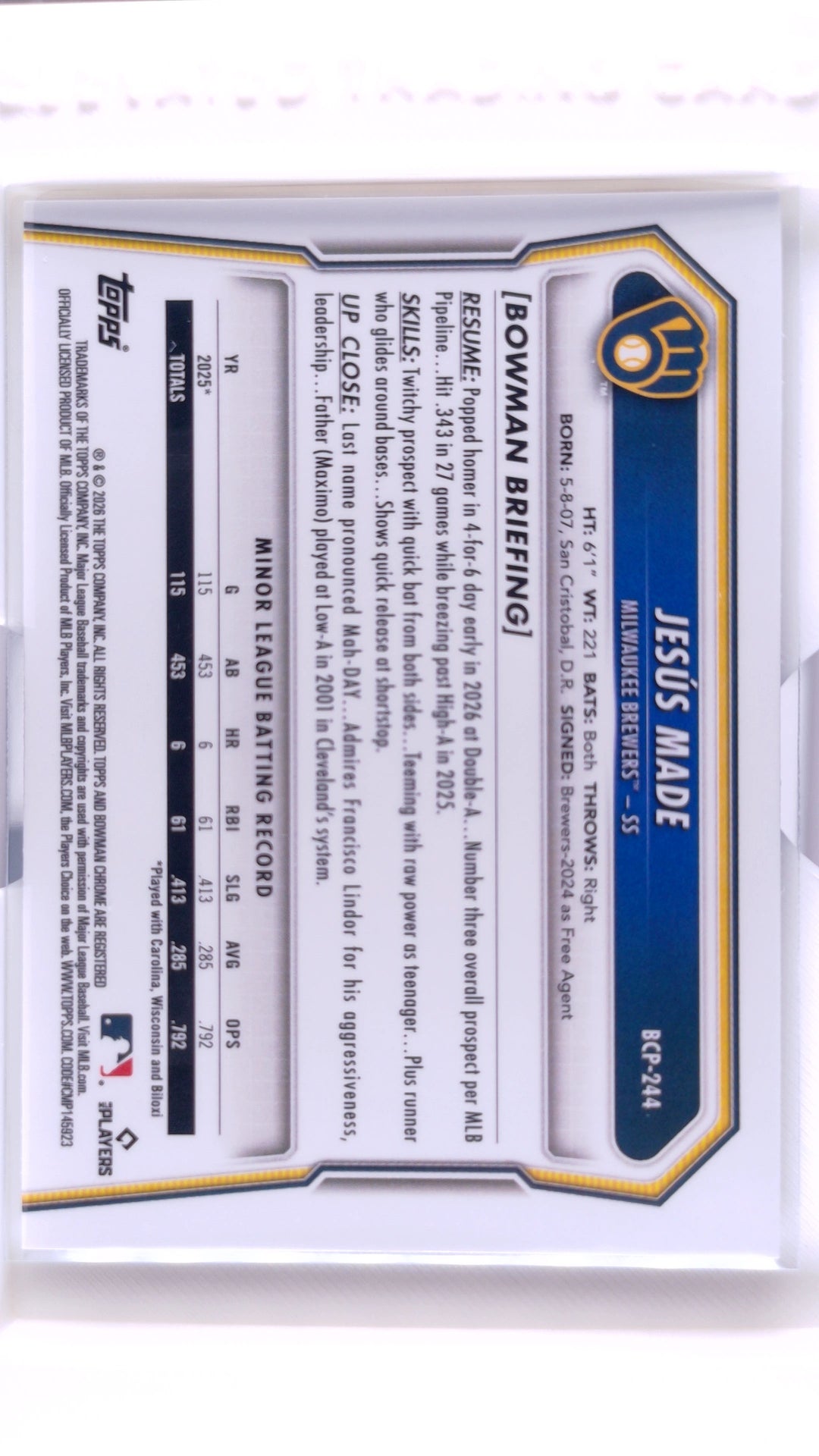 #BCP-244 Jesús Made Bowman Chrome Prospects - back