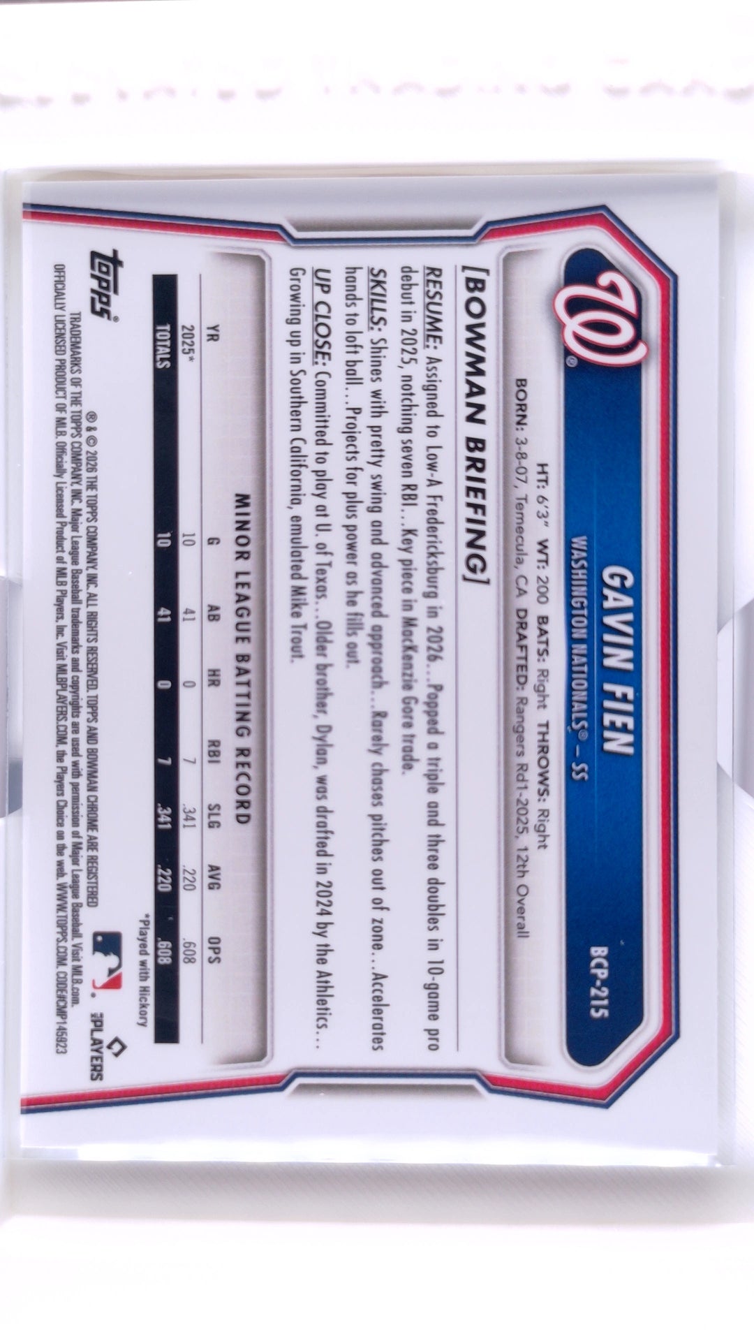 #BCP-215 Gavin Fien Bowman Chrome Prospects - back