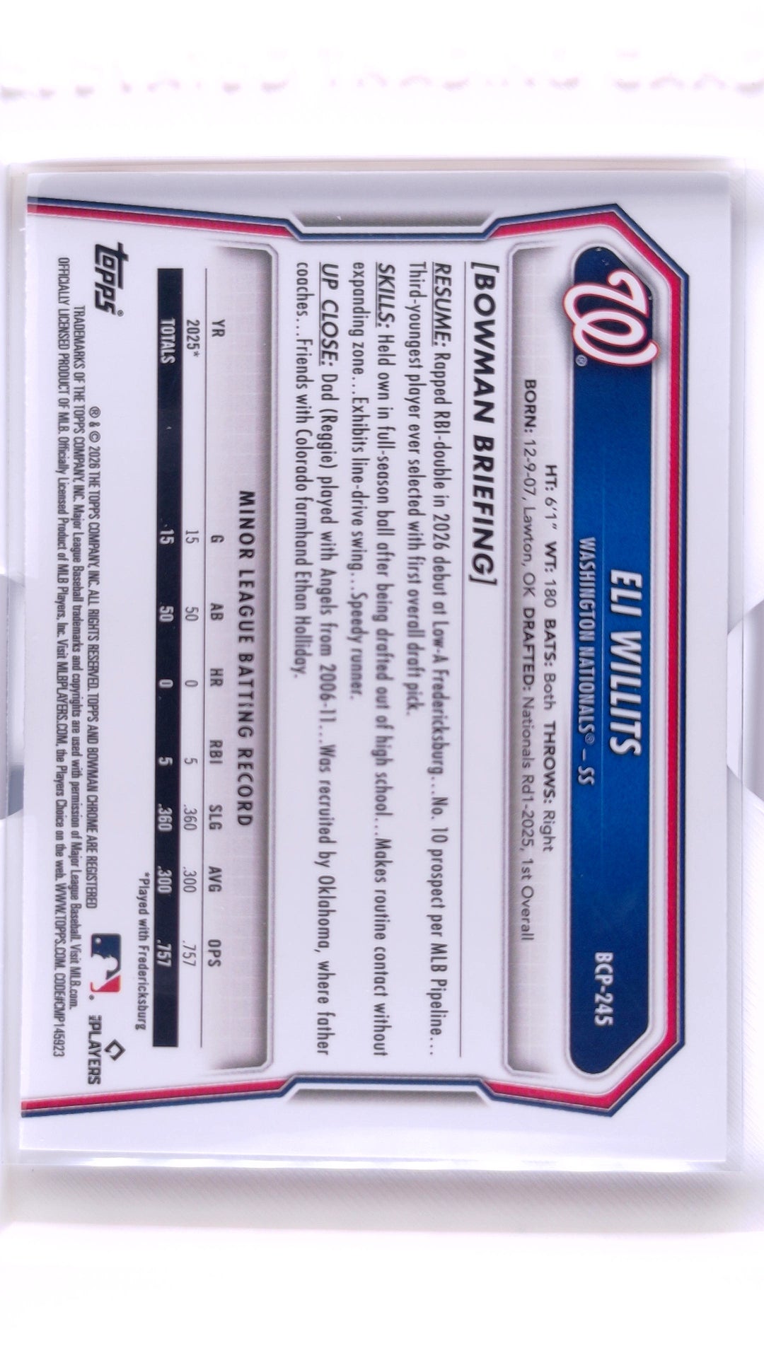 #BCP-245 Eli Willits Bowman Chrome Prospects Fuchsia Shimmer Refractor #193/199 - back