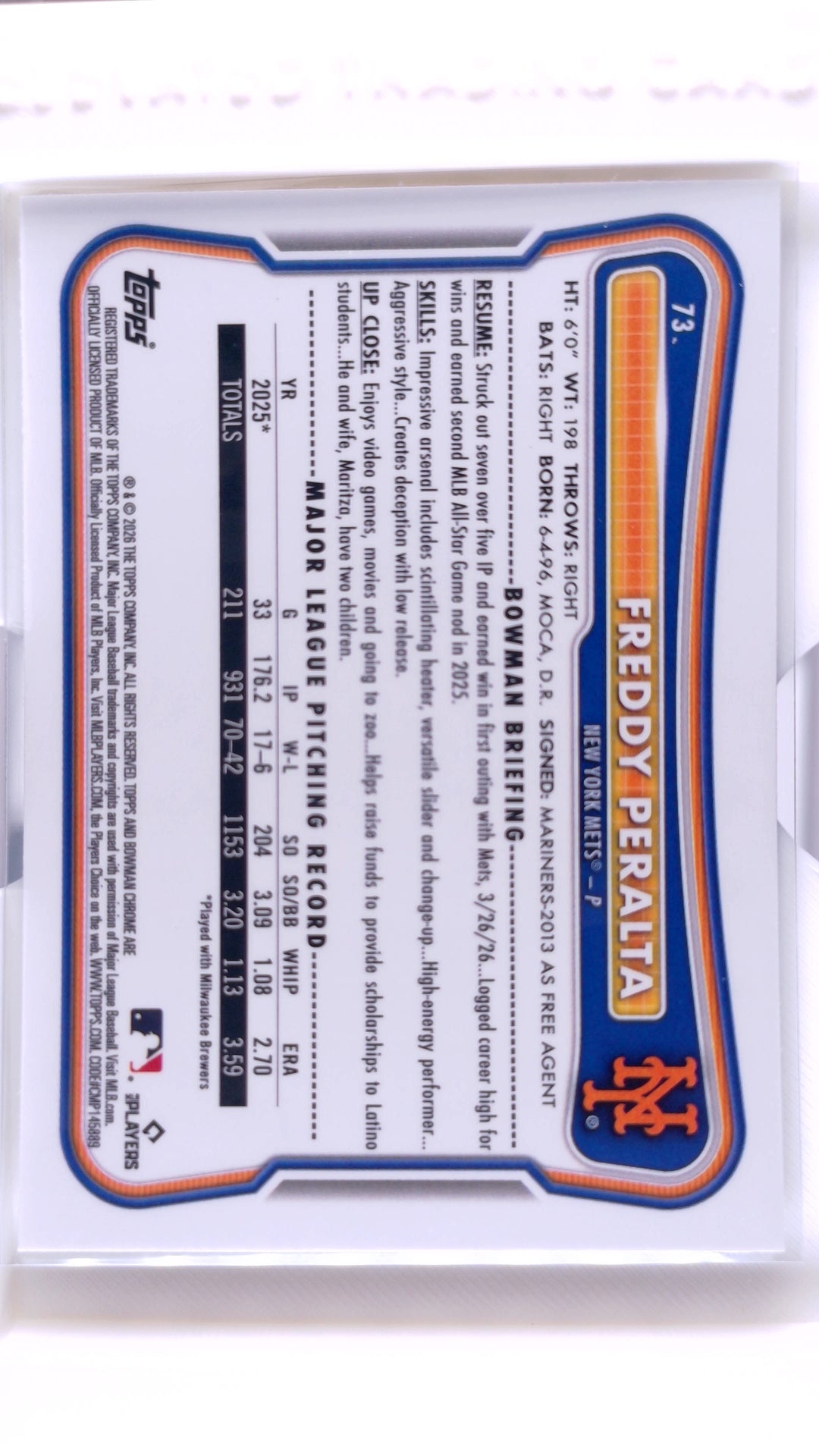 #73 Freddy Peralta - back