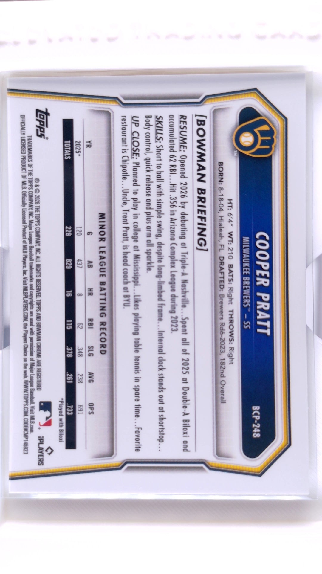 #BCP-248 Cooper Pratt Bowman Chrome Prospects - back