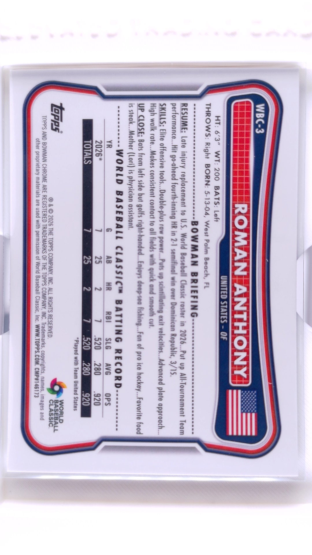 #WBC-3 Roman Anthony Rookie WBC Flag Variation Refractor #384/499 - back