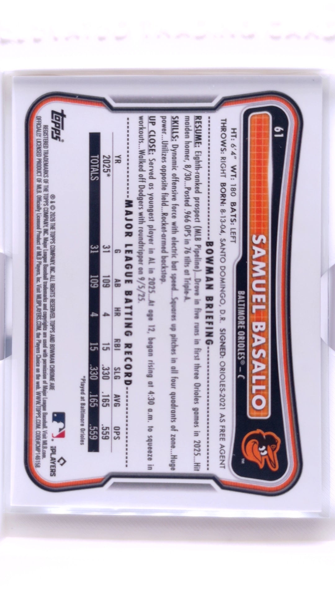 #61 Samuel Basallo Rookie Chrome Rookie Red RC Variation - back
