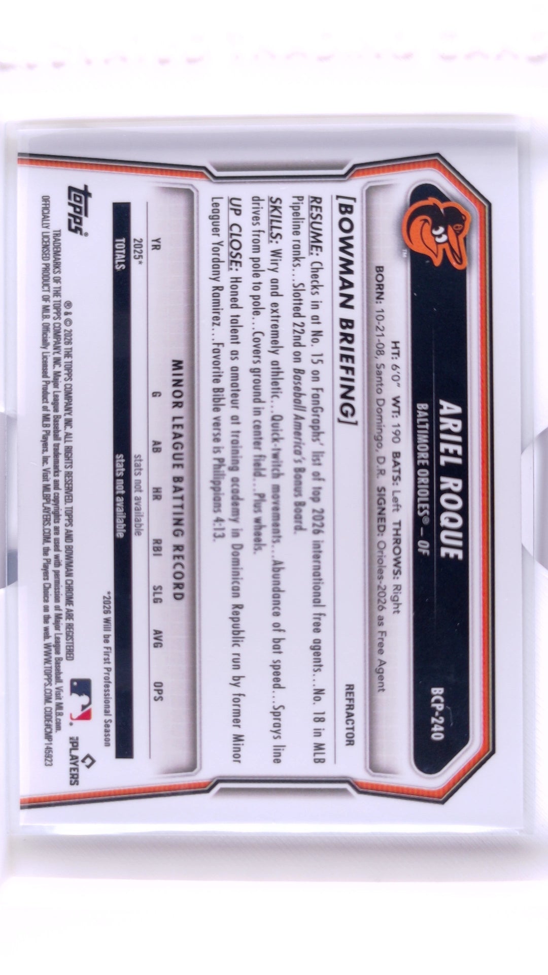 #BCP-240 Ariel Roque Bowman Chrome Prospects Refractor #218/499 - back