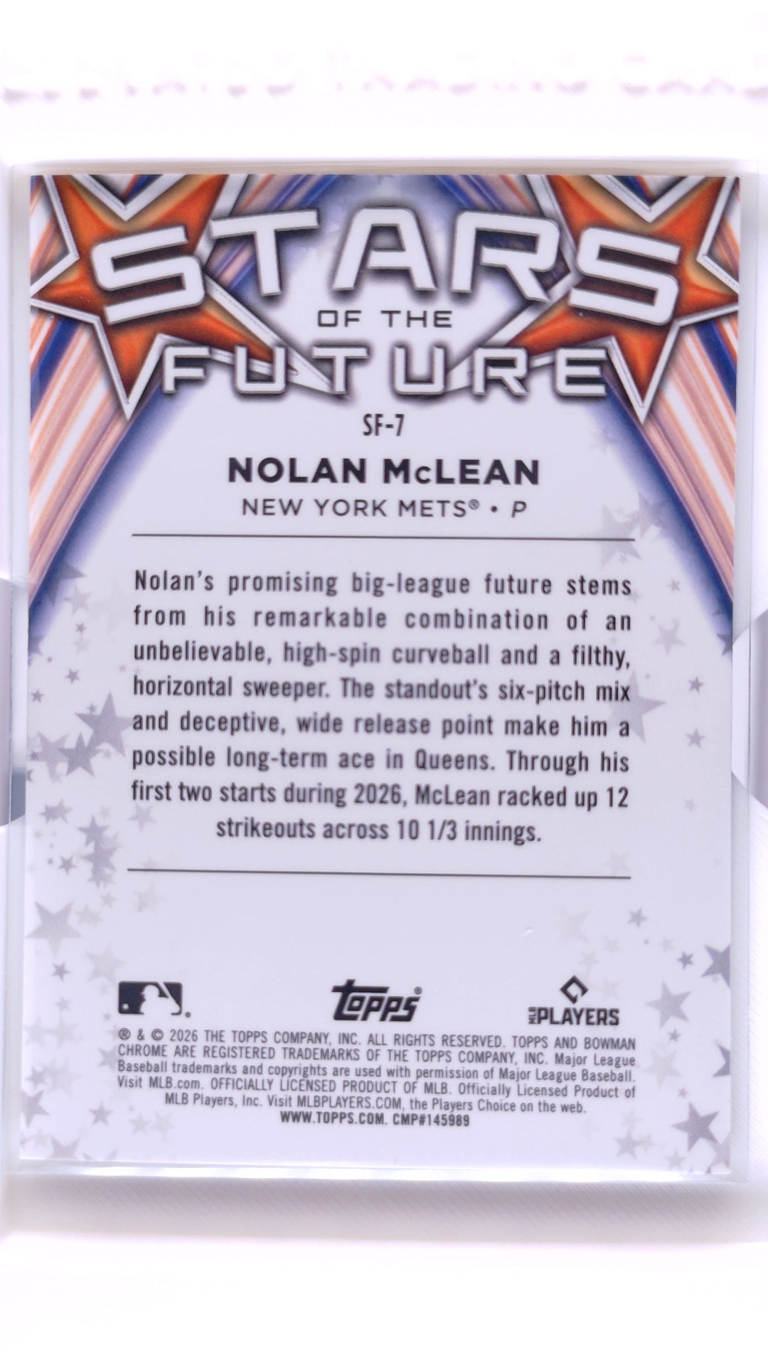 #SF-7 Nolan McLean Rookie Stars of Future - back