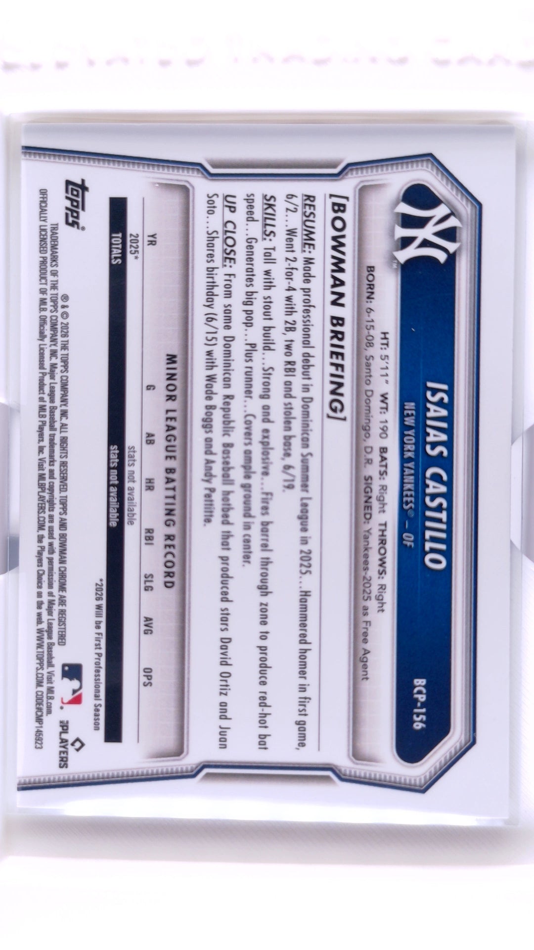 #BCP-156 Isaias Castillo Bowman Chrome Prospects X Fractor - back