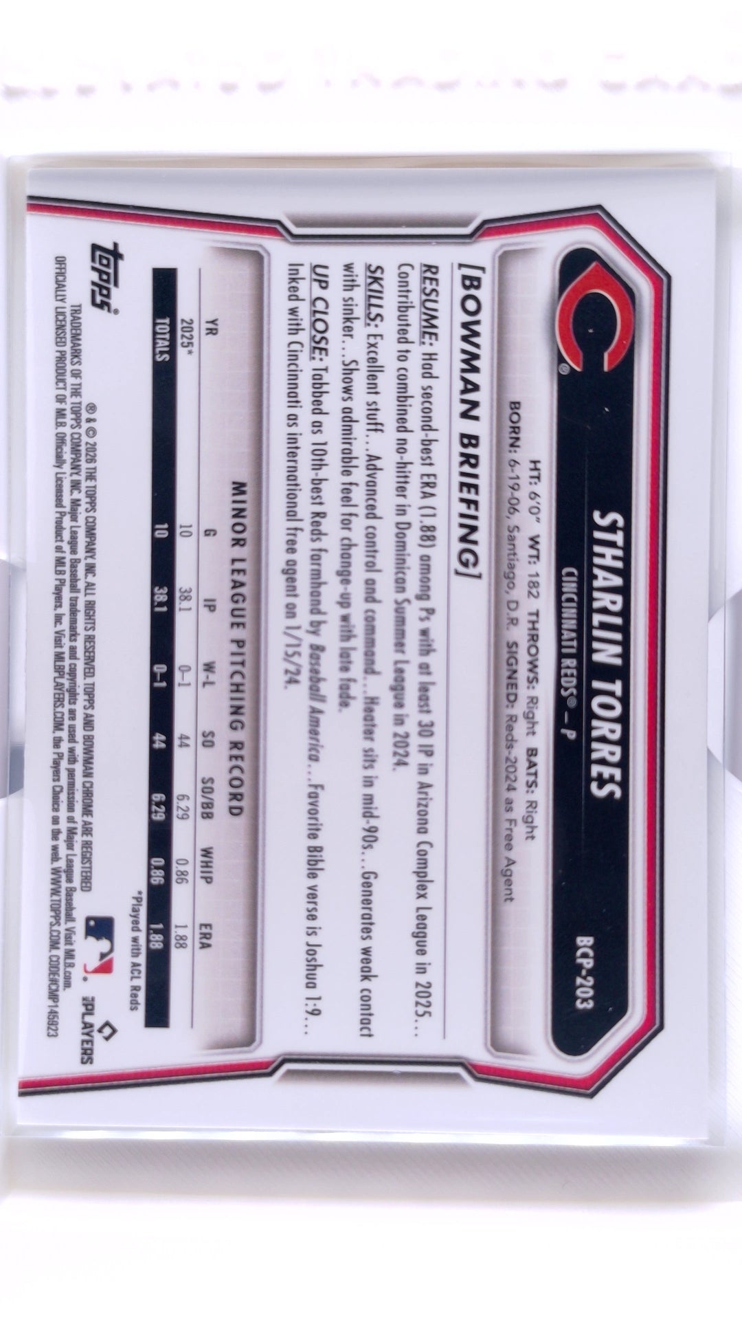 #BCP-203 Stharlin Torres Bowman Chrome Prospects X Fractor - back
