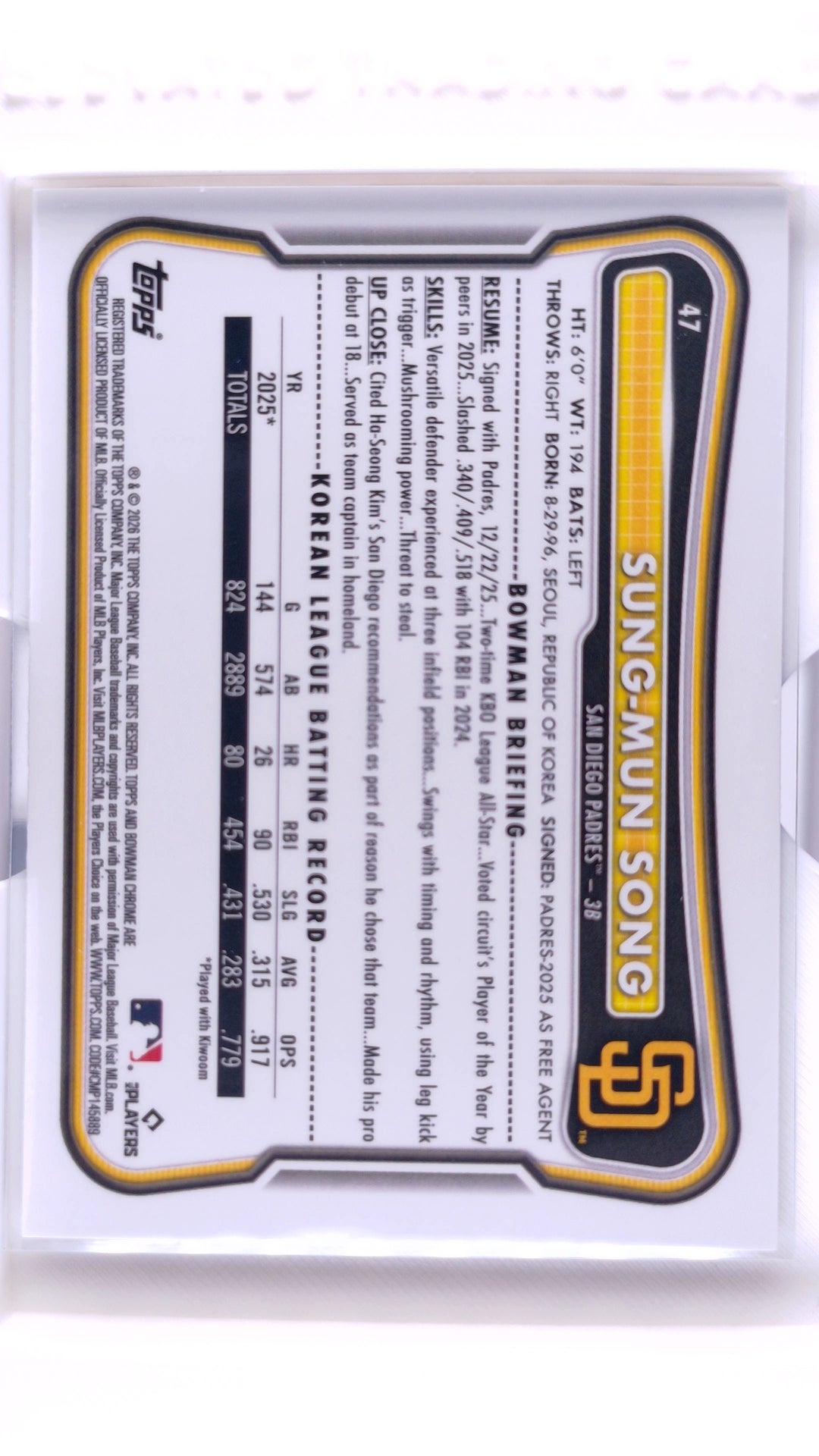 #47 Sung-Mun Song Rookie Fuchsia Refractor #120/299 - back