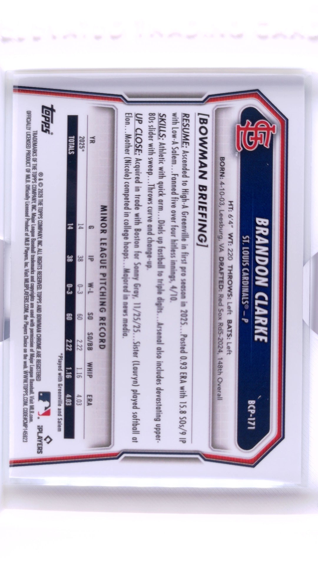 #BCP-171 Brandon Clarke Bowman Chrome Prospects Aqua Pulsar Refractor #112/125 - back