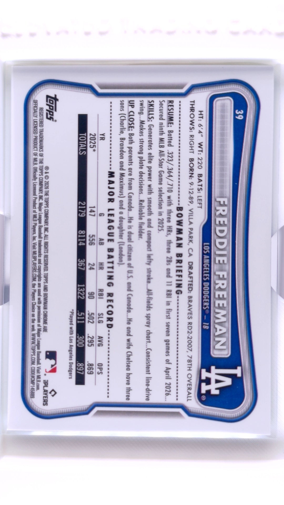 #39 Freddie Freeman Aqua Raywave Refractor #114/199 - back