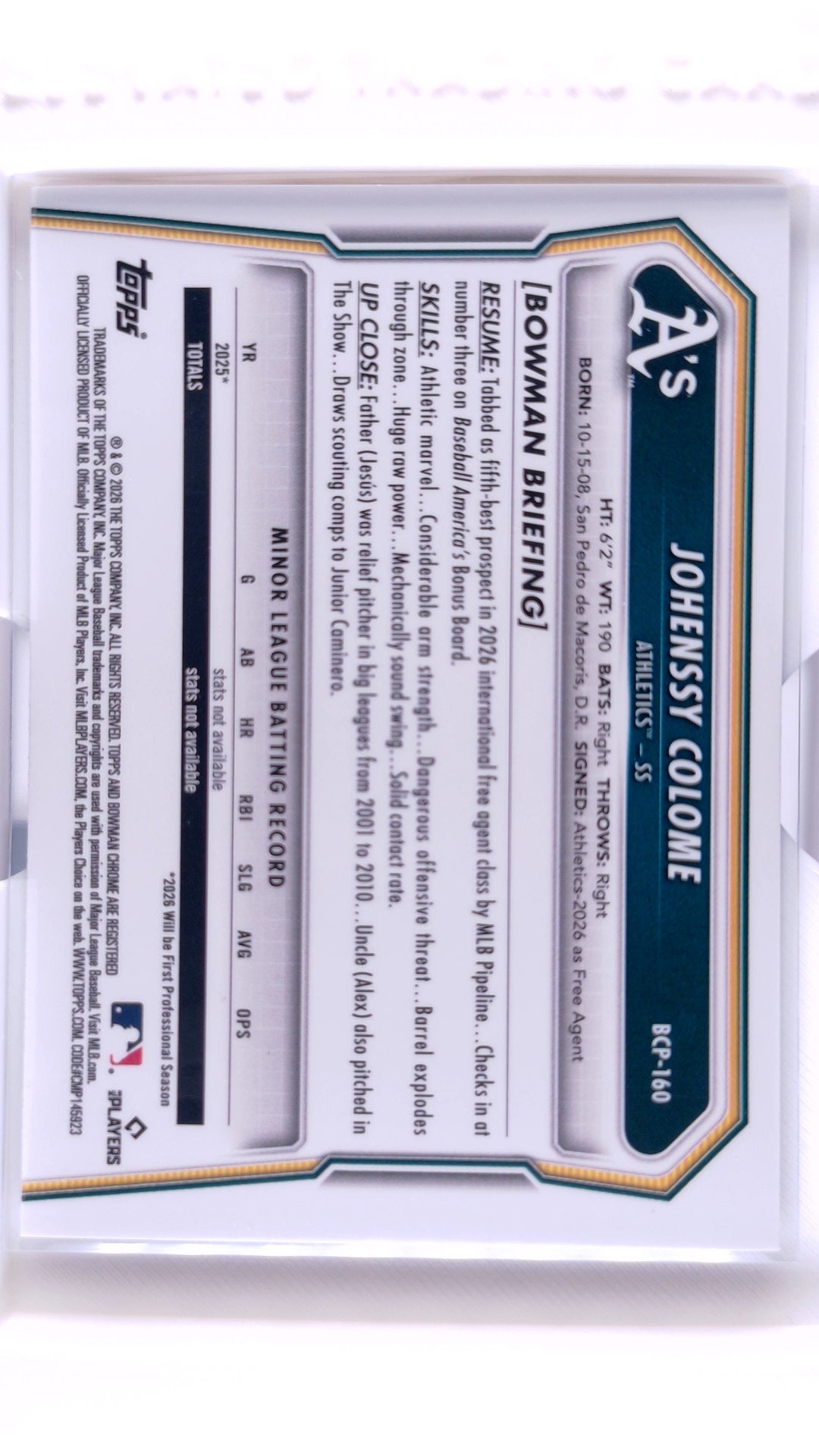 #BCP-160 Johenssy Colome Bowman Chrome Prospects Purple Shimmer Refractor #105/250 - back