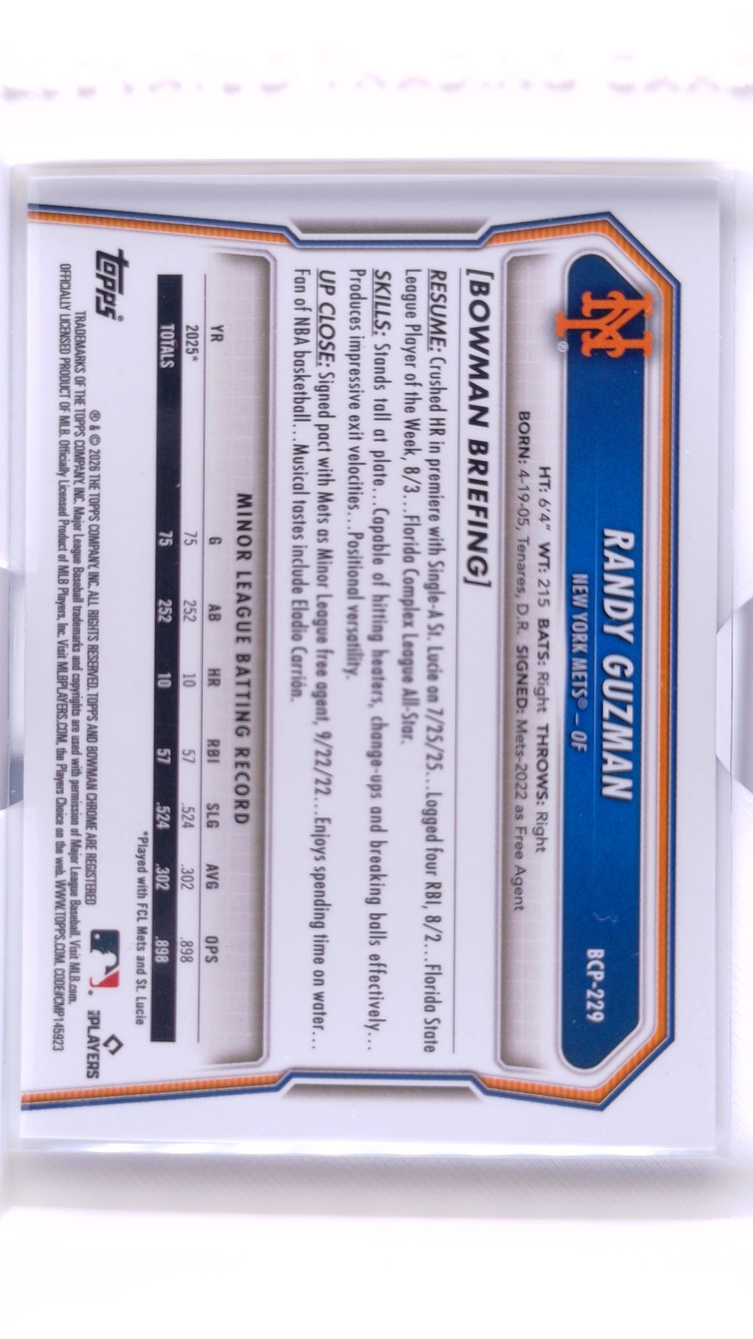 #BCP-229 Randy Guzman Bowman Chrome Prospects Blue Wave Refractor #106/150 - back