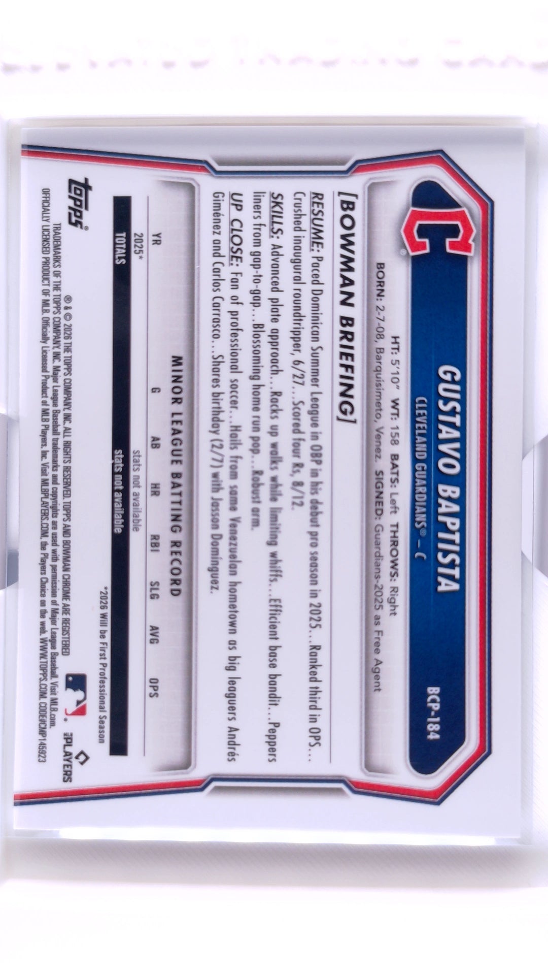 #BCP-184 Gustavo Baptista Bowman Chrome Prospects - back