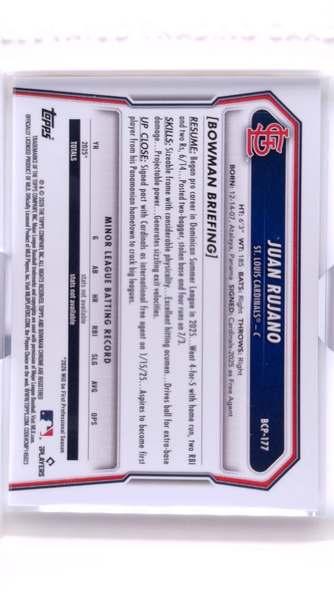 #BCP-177 Juan Rujano Bowman Chrome Prospects - back
