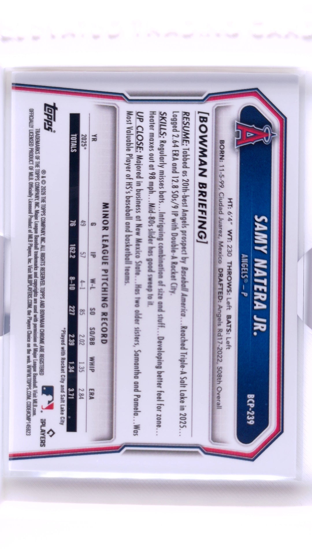 #BCP-239 Samy Natera Jr. Bowman Chrome Prospects - back