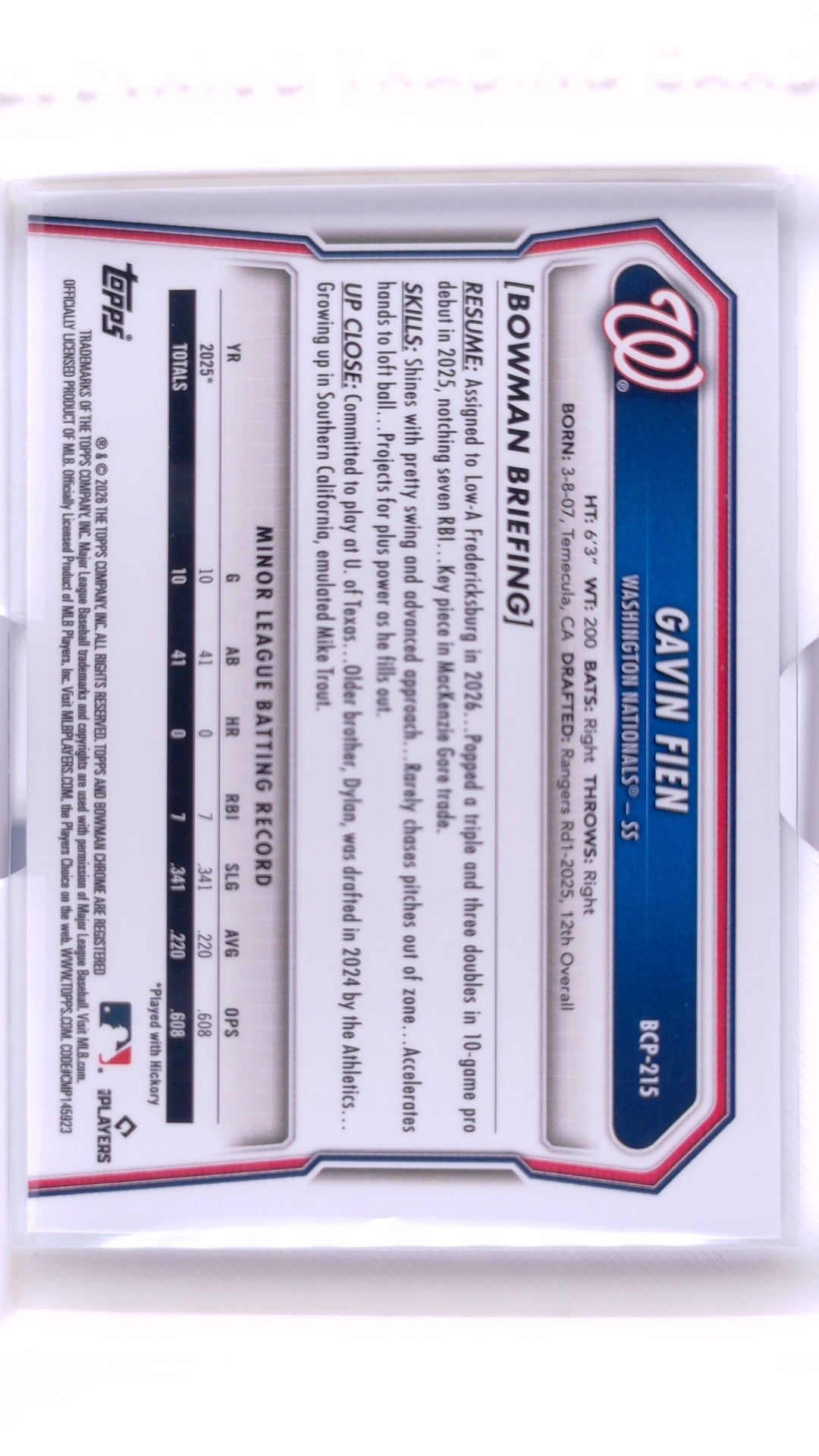 #BCP-215 Gavin Fien Bowman Chrome Prospects Purple Wave Refractor #148/250 - back