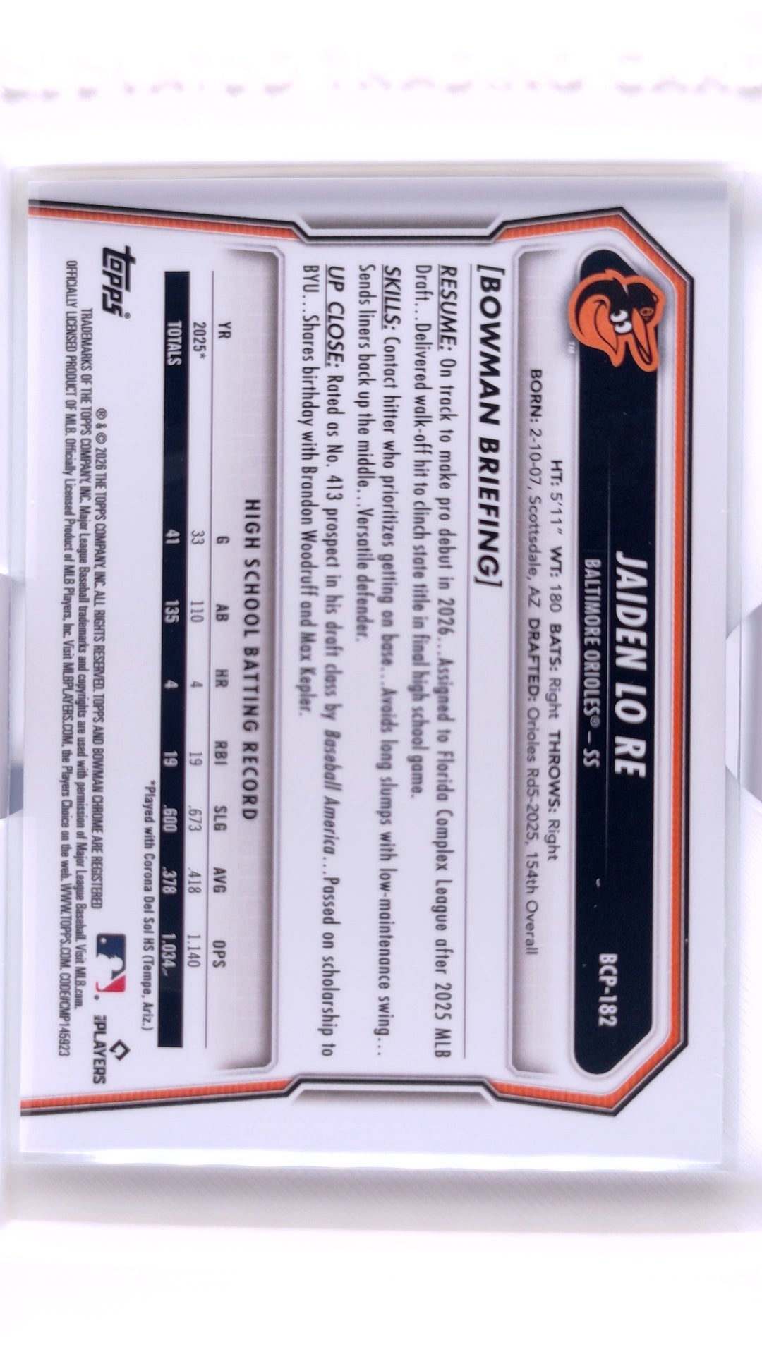 #BCP-182 Jaiden Lo Re Bowman Chrome Prospects - back