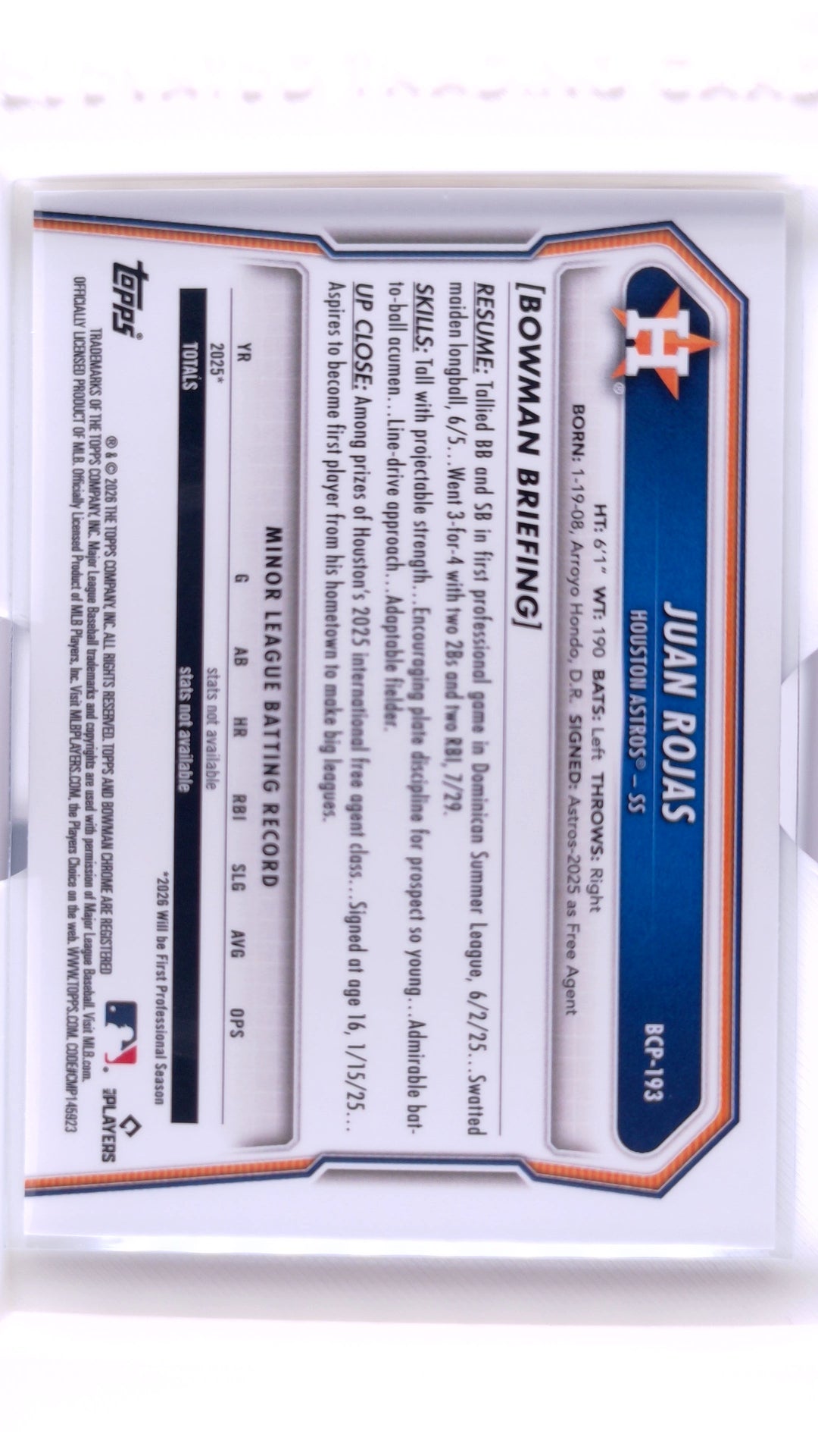 #BCP-193 Juan Rojas Bowman Chrome Prospects - back