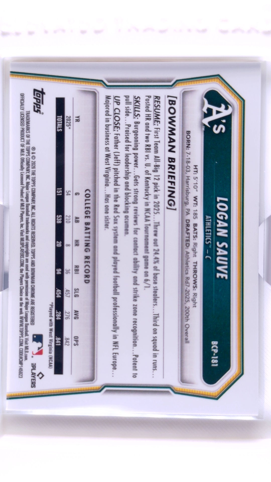 #BCP-181 Logan Sauve Bowman Chrome Prospects - back