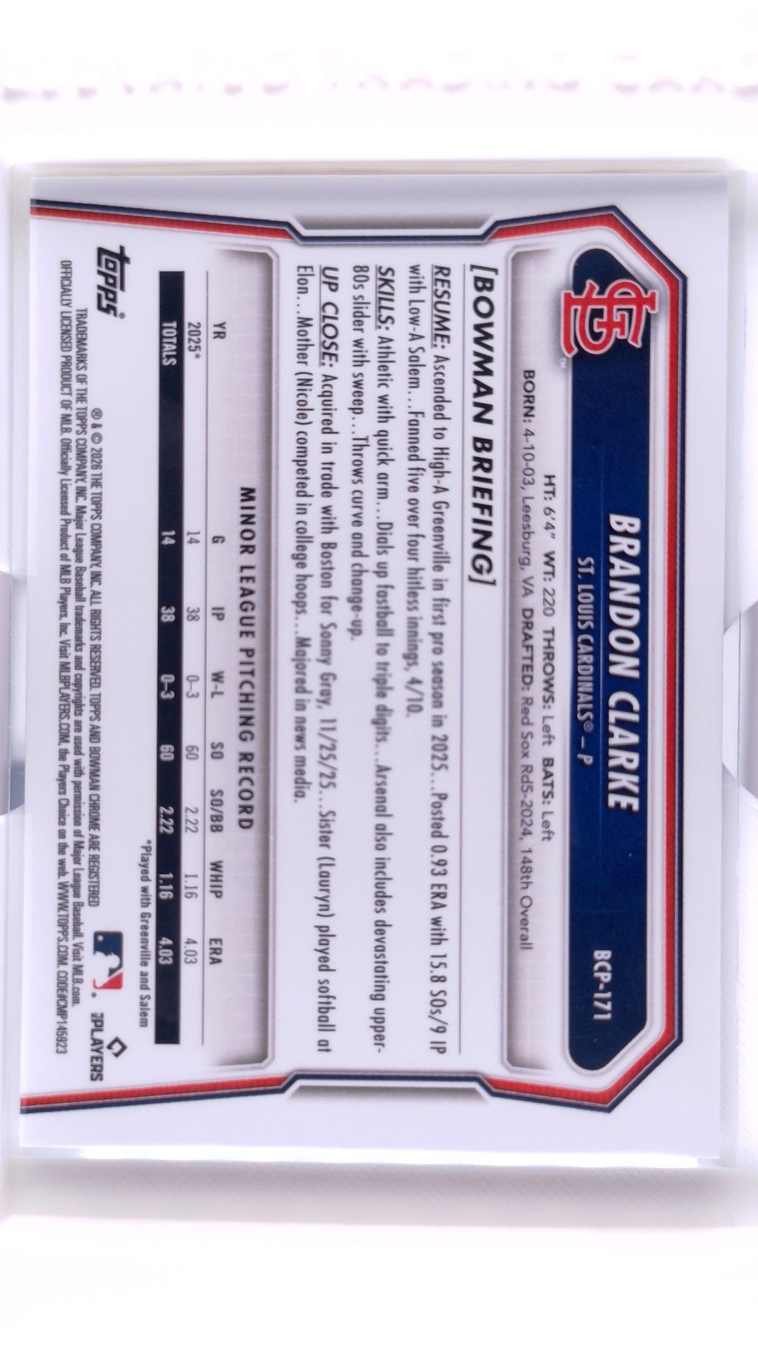 #BCP-171 Brandon Clarke Bowman Chrome Prospects - back
