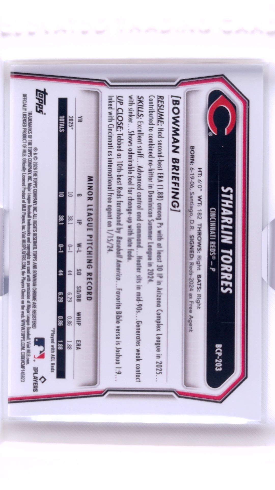#BCP-203 Stharlin Torres Bowman Chrome Prospects - back