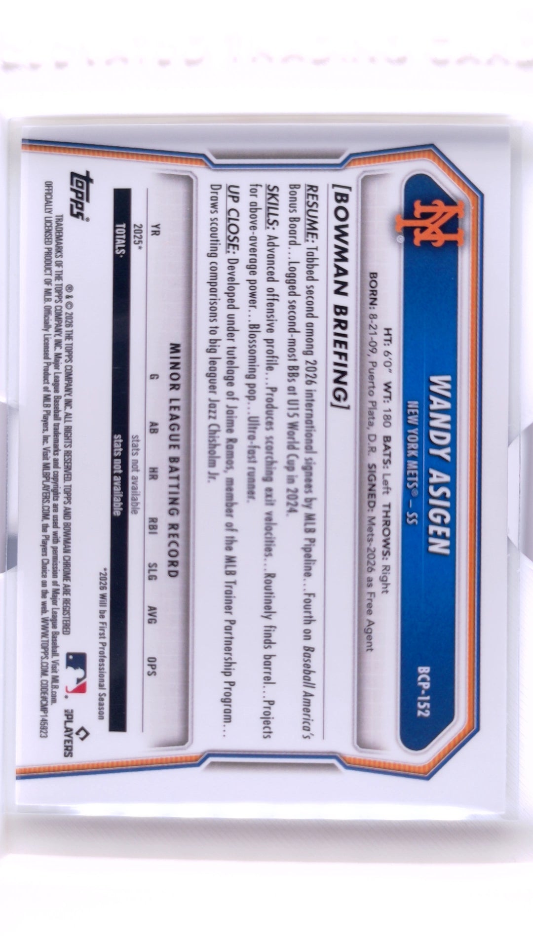 #BCP-152 Wandy Asigen Bowman Chrome Prospects - back