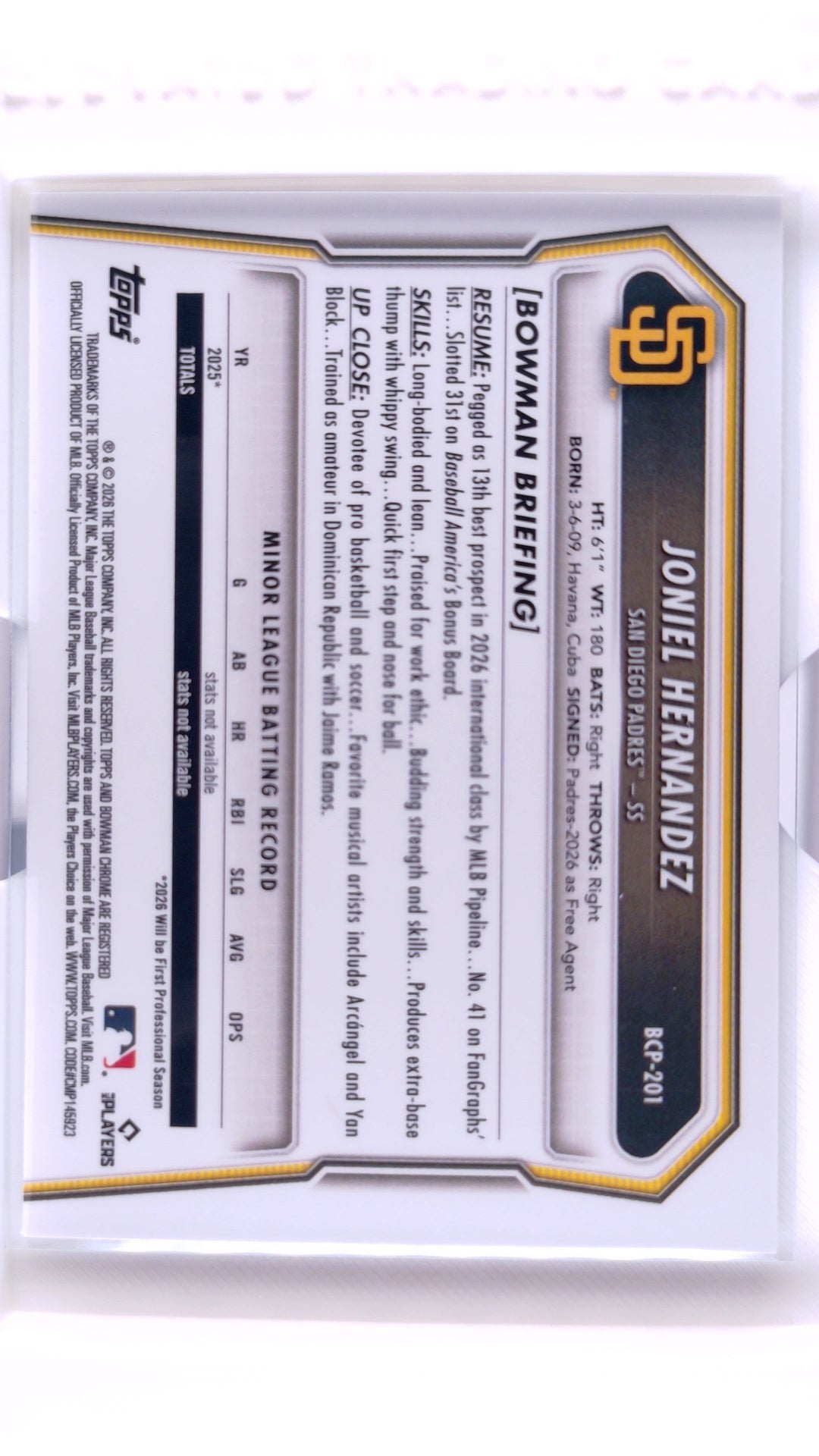 #BCP-201 Joniel Hernandez Bowman Chrome Prospects - back