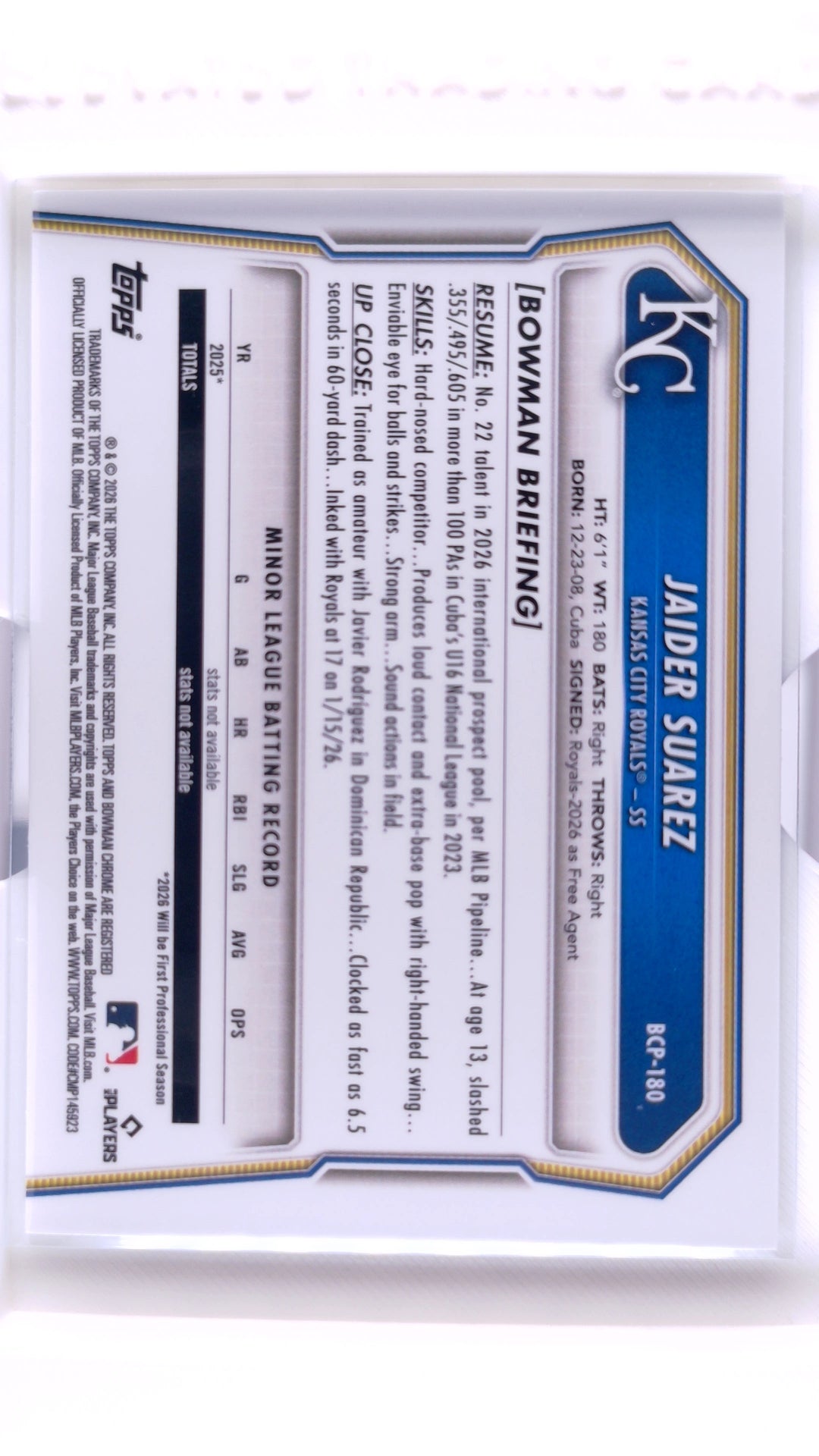 #BCP-180 Jaider Suarez Bowman Chrome Prospects - back