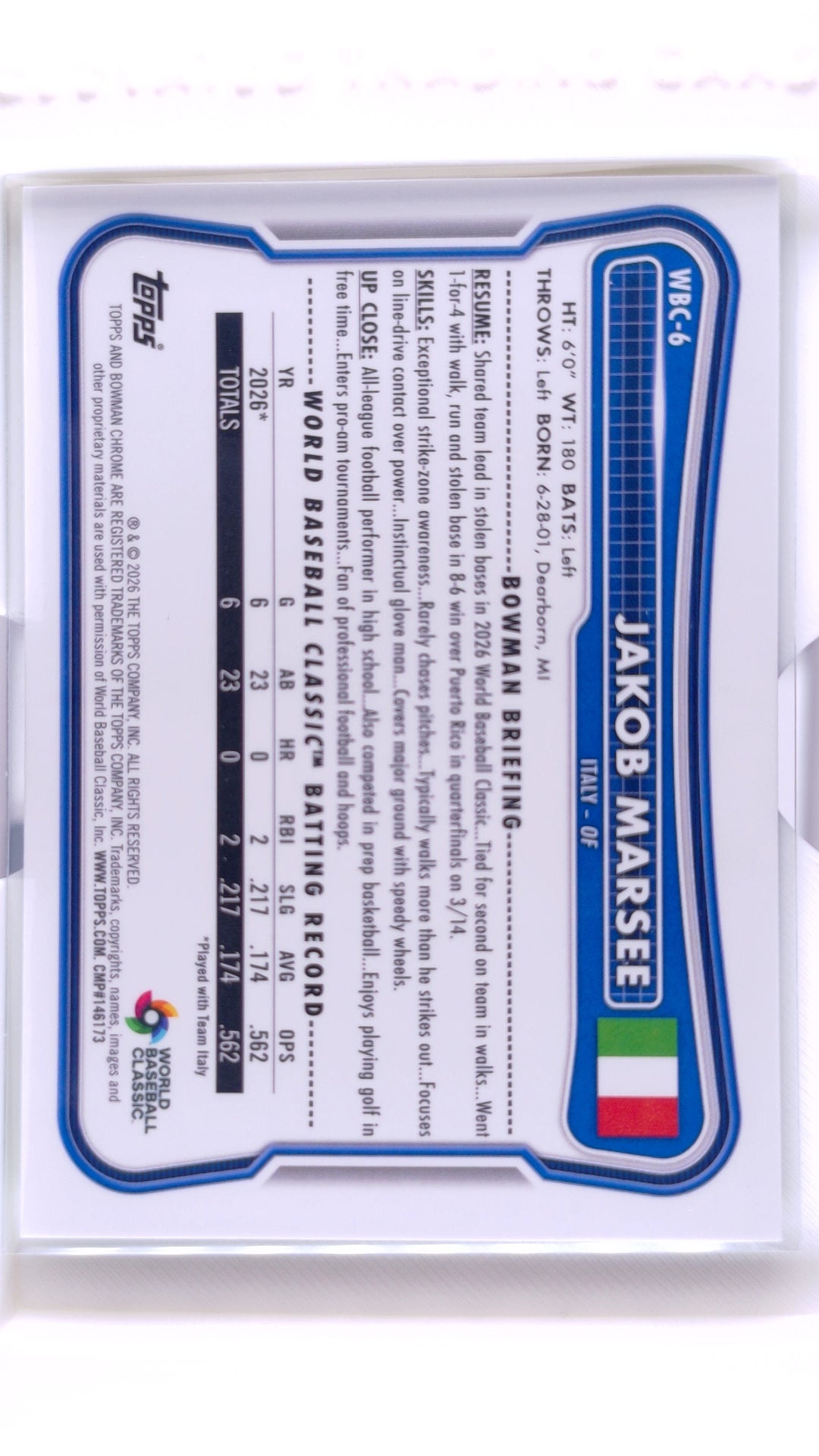 #WBC-6 Jakob Marsee WBC Flag Variation Green Refractor #3/99 - back