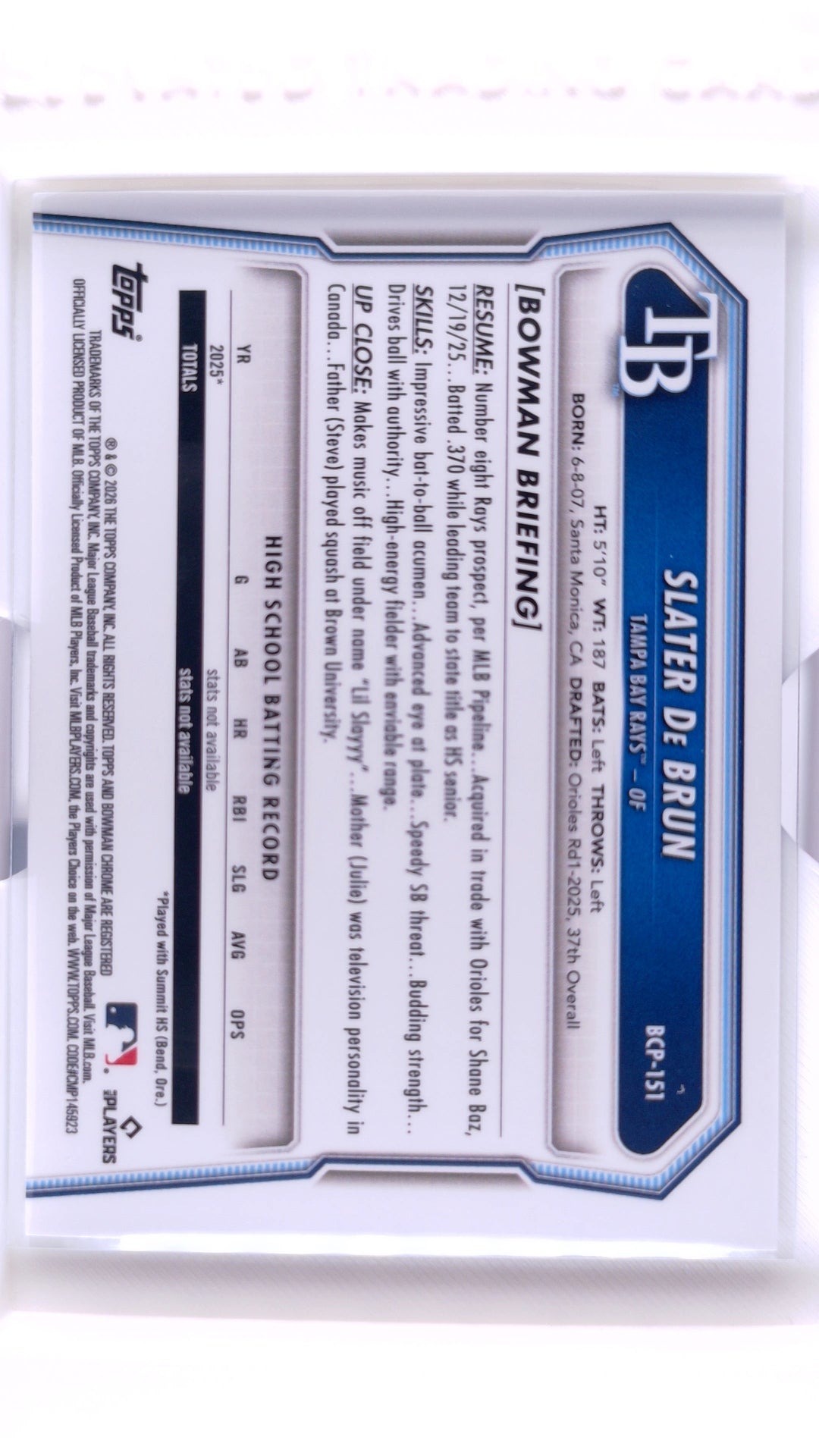 #BCP-151 Slater de Brun Bowman Chrome Prospects - back