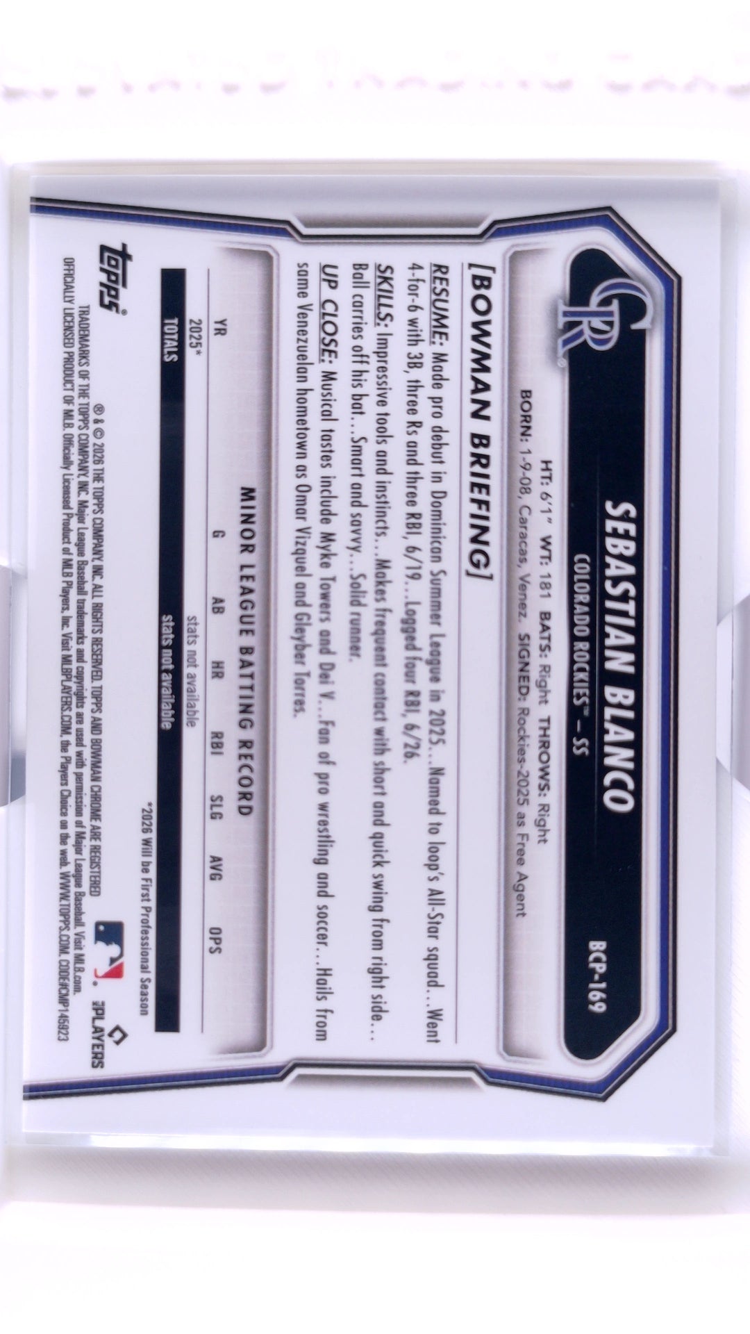 #BCP-169 Sebastian Blanco Bowman Chrome Prospects - back