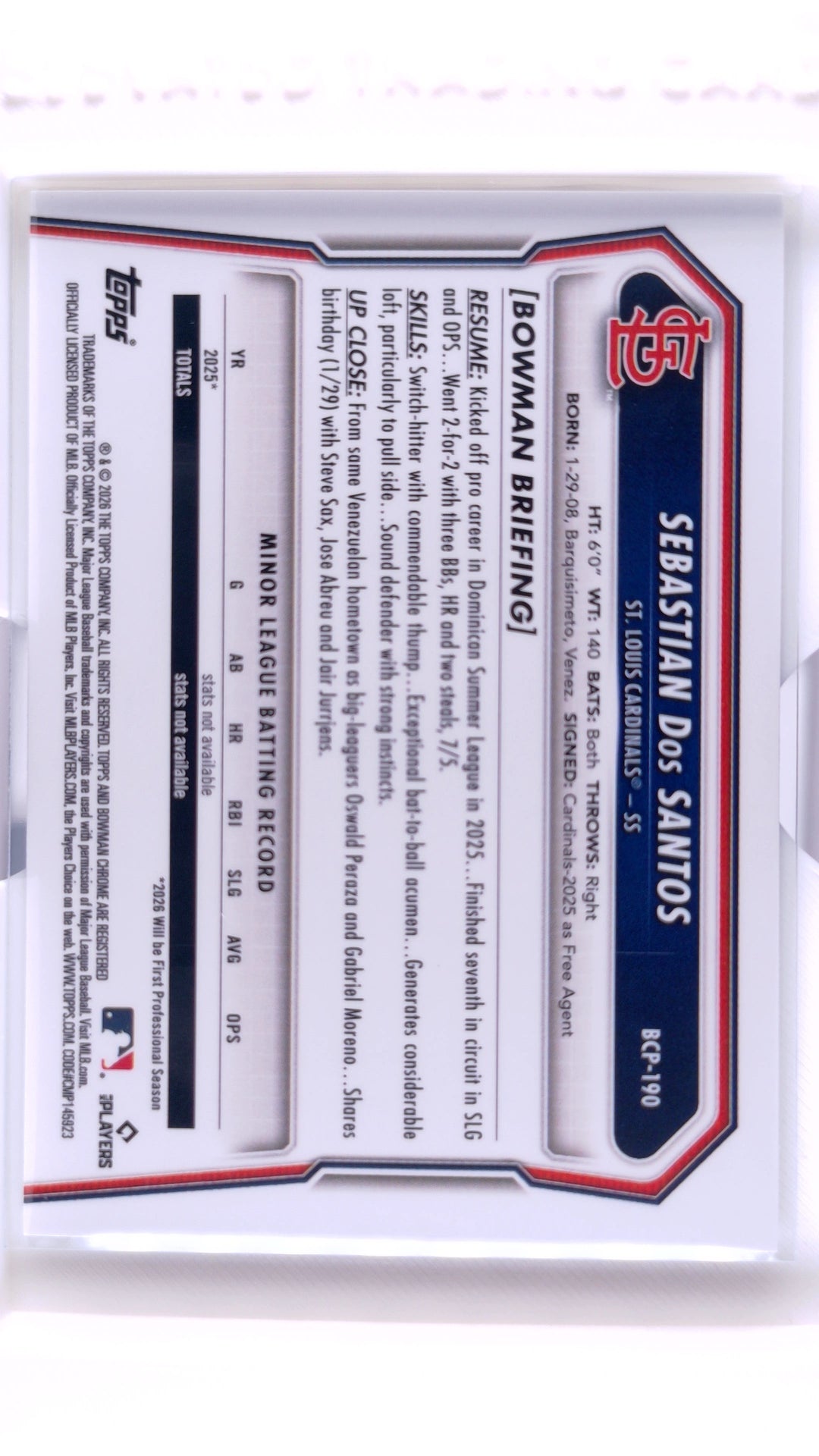 #BCP-190 Sebastian Dos Santos Bowman Chrome Prospects - back