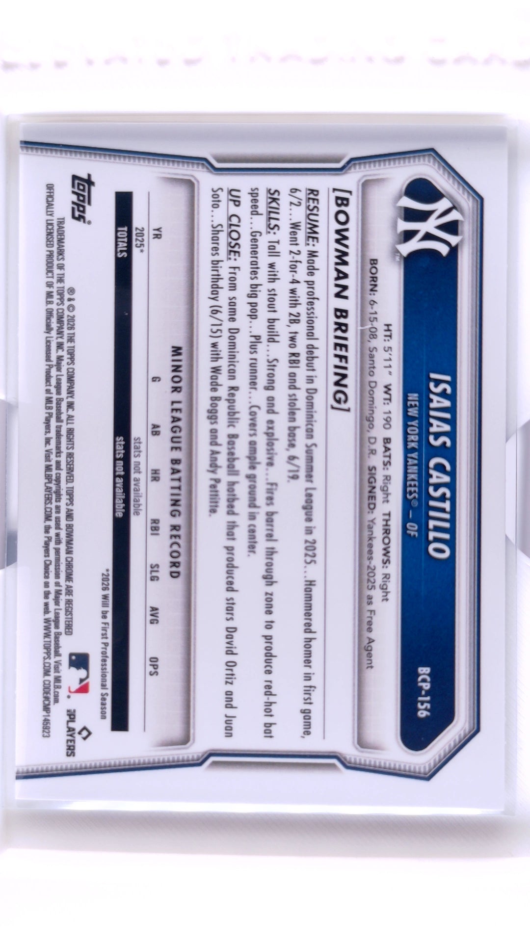 #BCP-156 Isaias Castillo Bowman Chrome Prospects - back