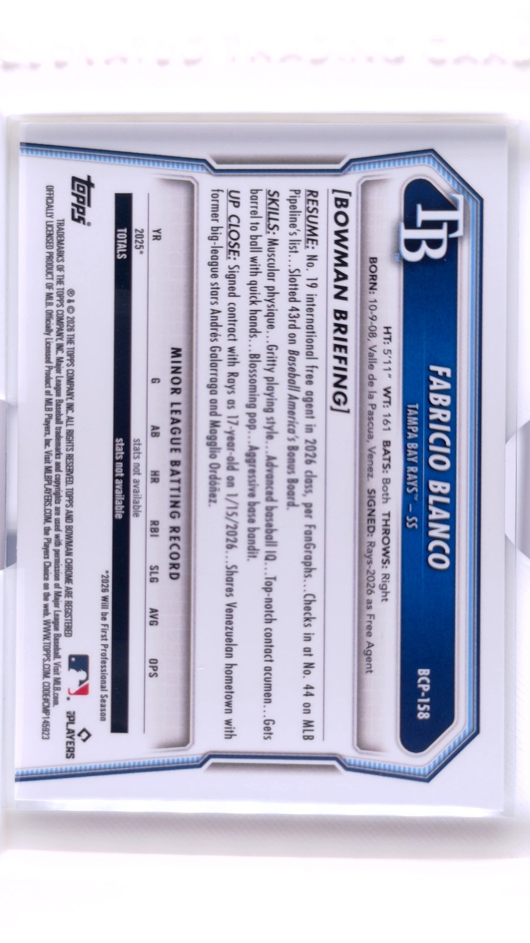 #BCP-158 Fabricio Blanco Bowman Chrome Prospects - back