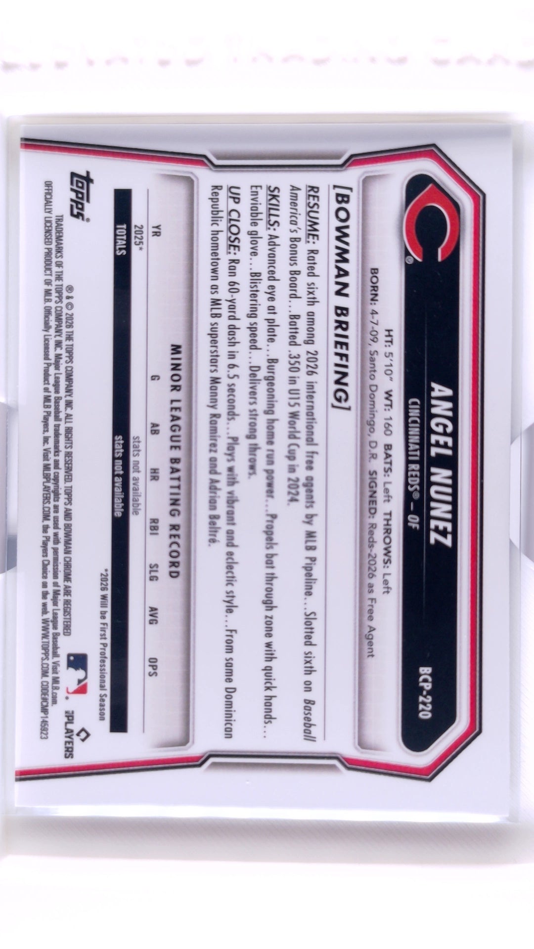 #BCP-220 Angel Nunez Bowman Chrome Prospects - back