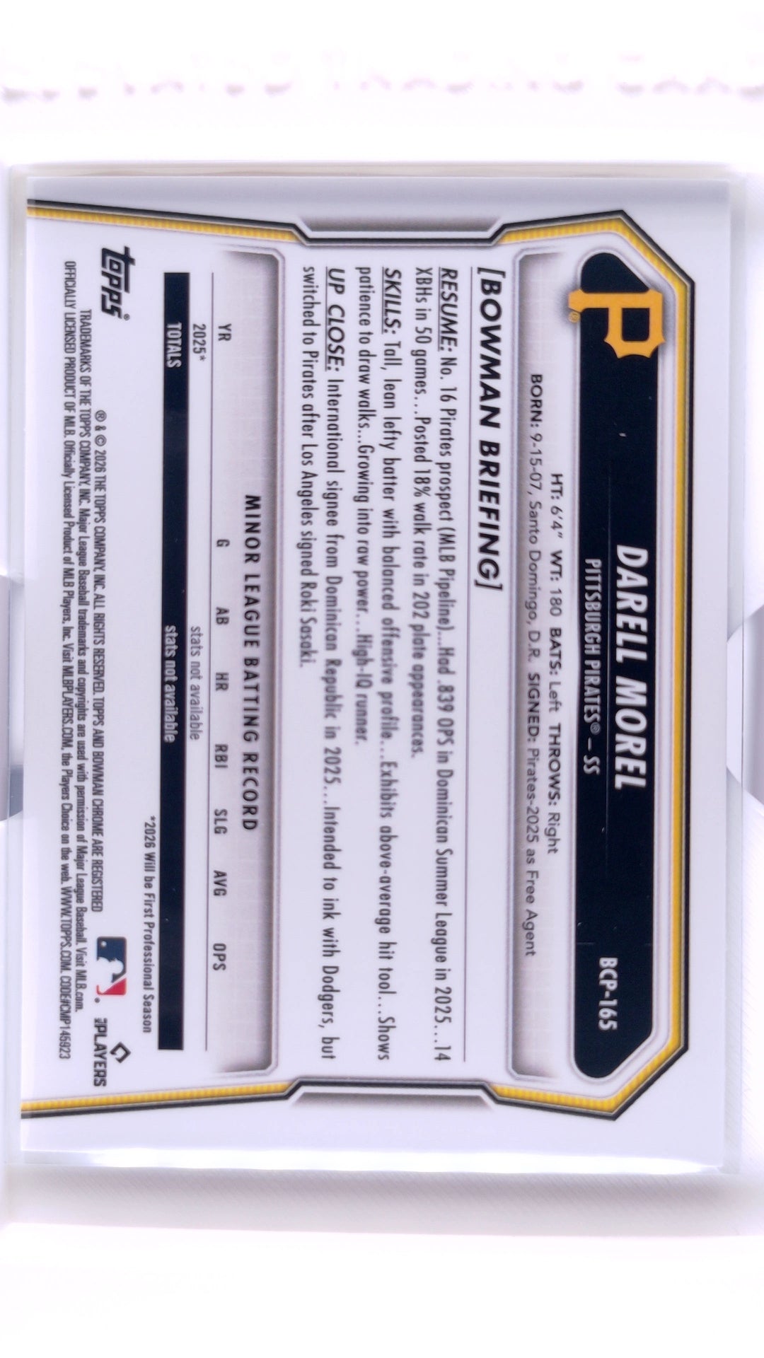 #BCP-165 Darell Morel Bowman Chrome Prospects - back