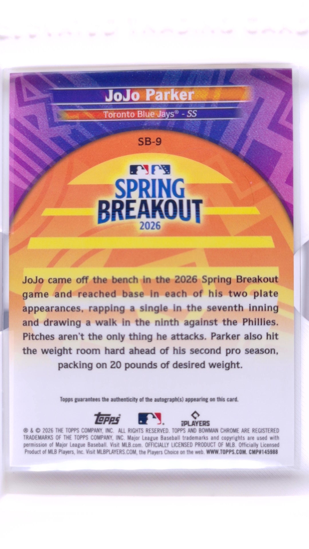#SB-9 JoJo Parker 2026 MLB Spring Breakout Autographs Gold Mini Diamond Refractor #26/50 - back