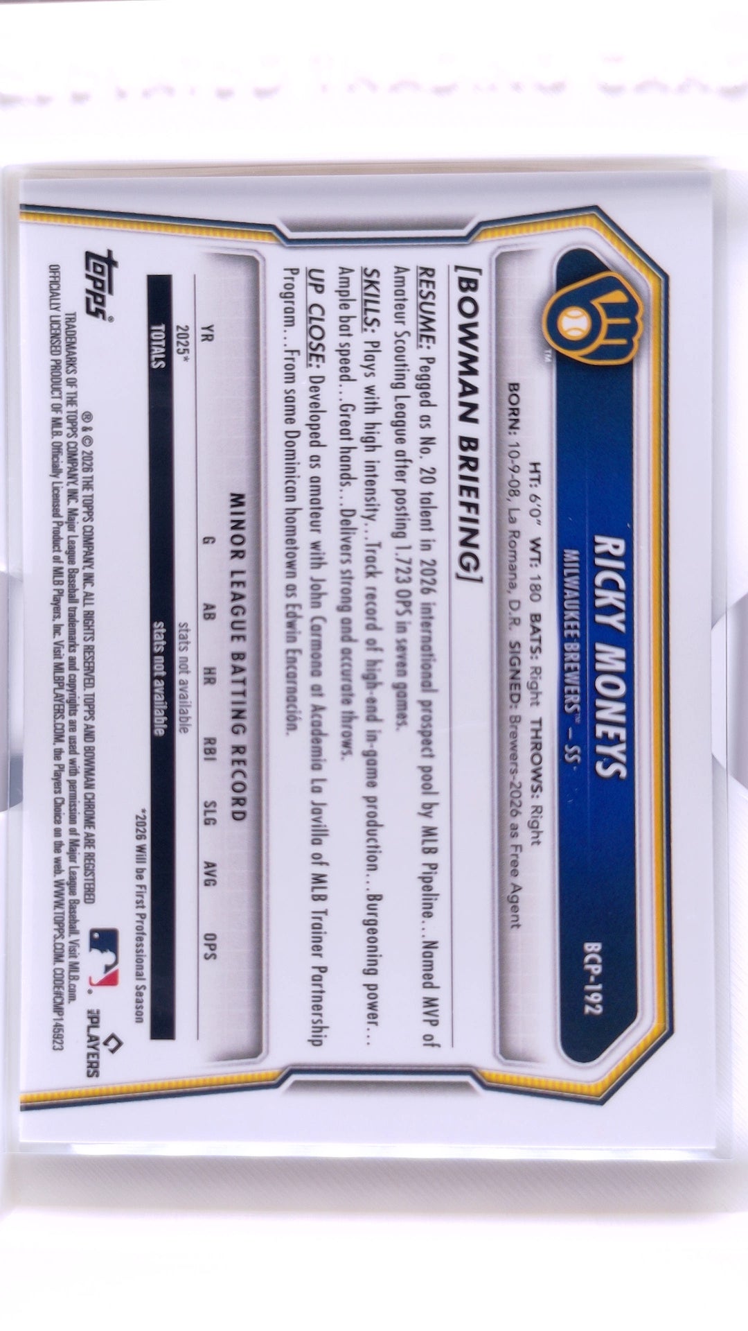 #BCP-192 Ricky Moneys Bowman Chrome Prospects - back