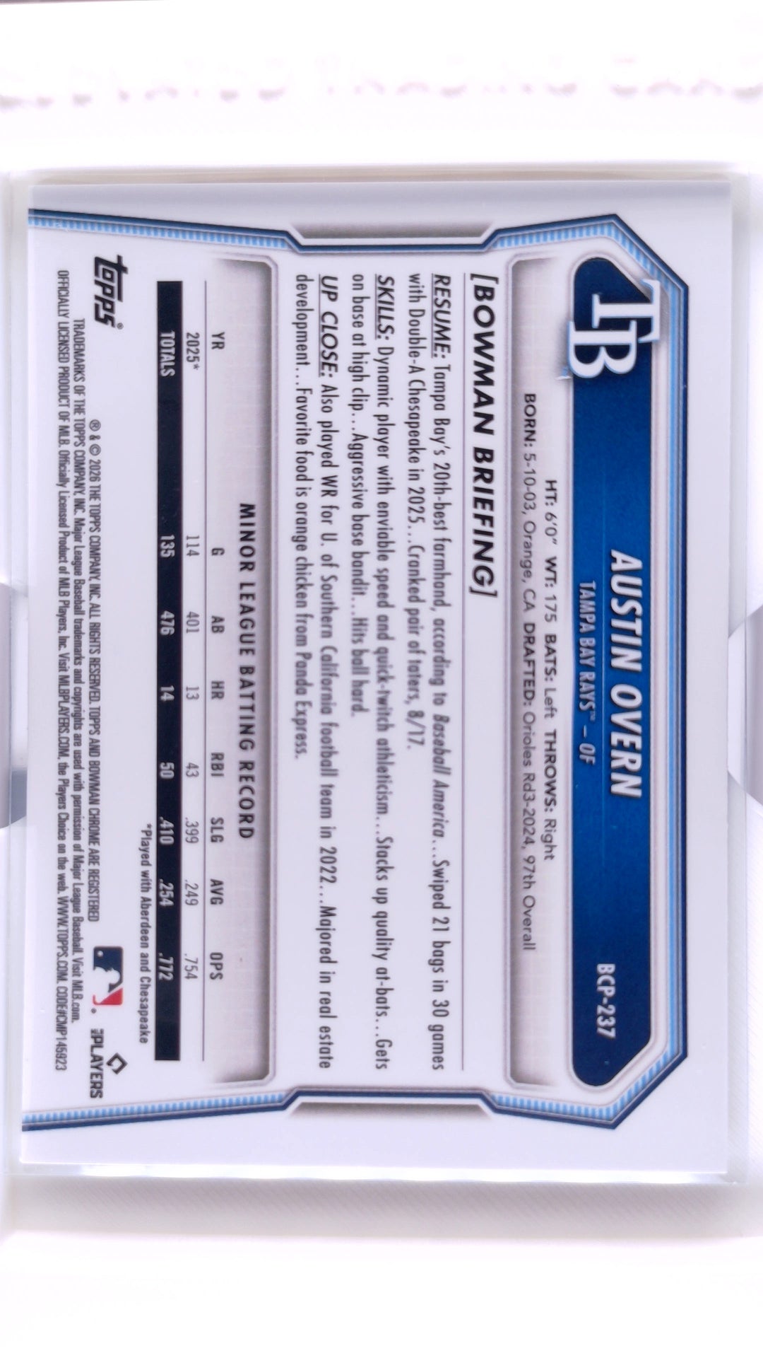 #BCP-237 Austin Overn Bowman Chrome Prospects - back