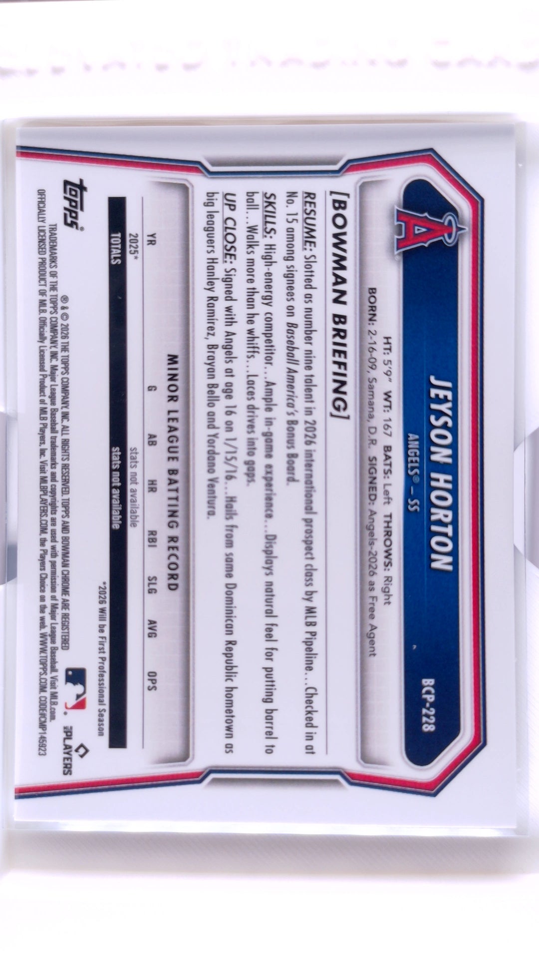 #BCP-228 Jeyson Horton Bowman Chrome Prospects - back