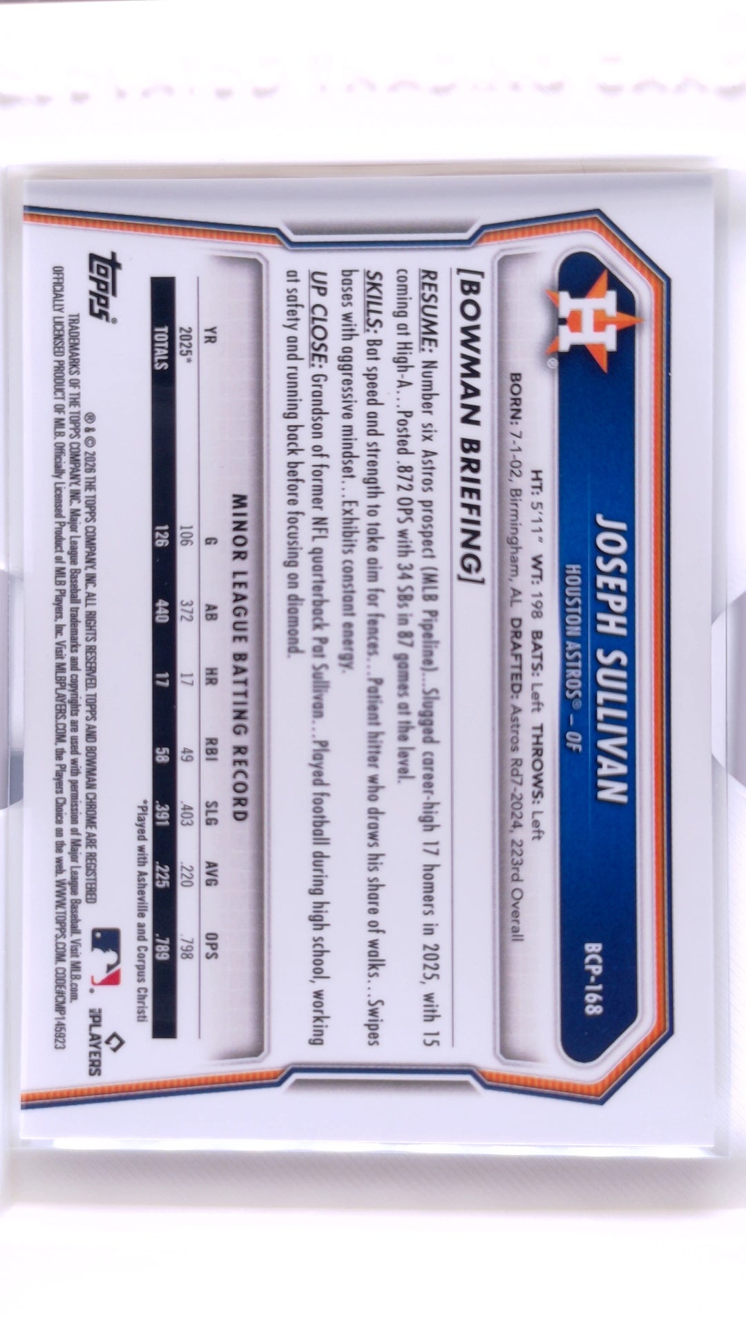 #BCP-168 Joseph Sullivan Bowman Chrome Prospects - back