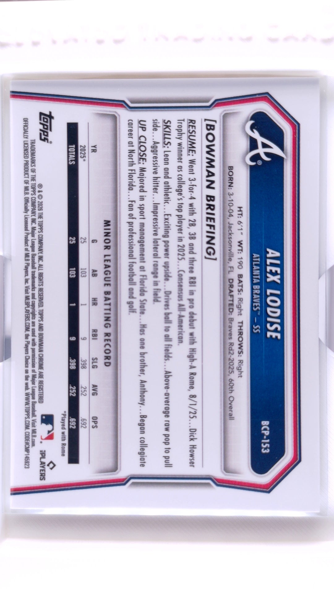 #BCP-153 Alex Lodise Bowman Chrome Prospects - back