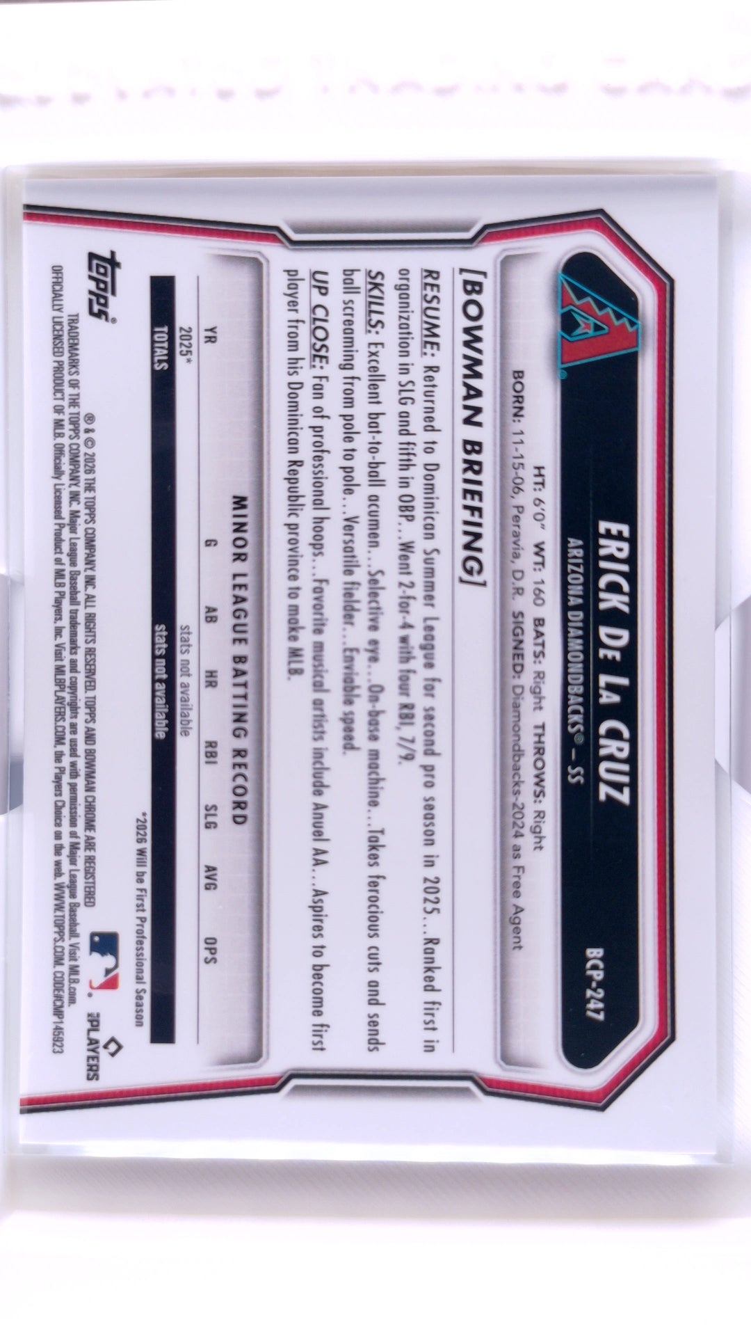 #BCP-247 Erick De La Cruz Bowman Chrome Prospects - back
