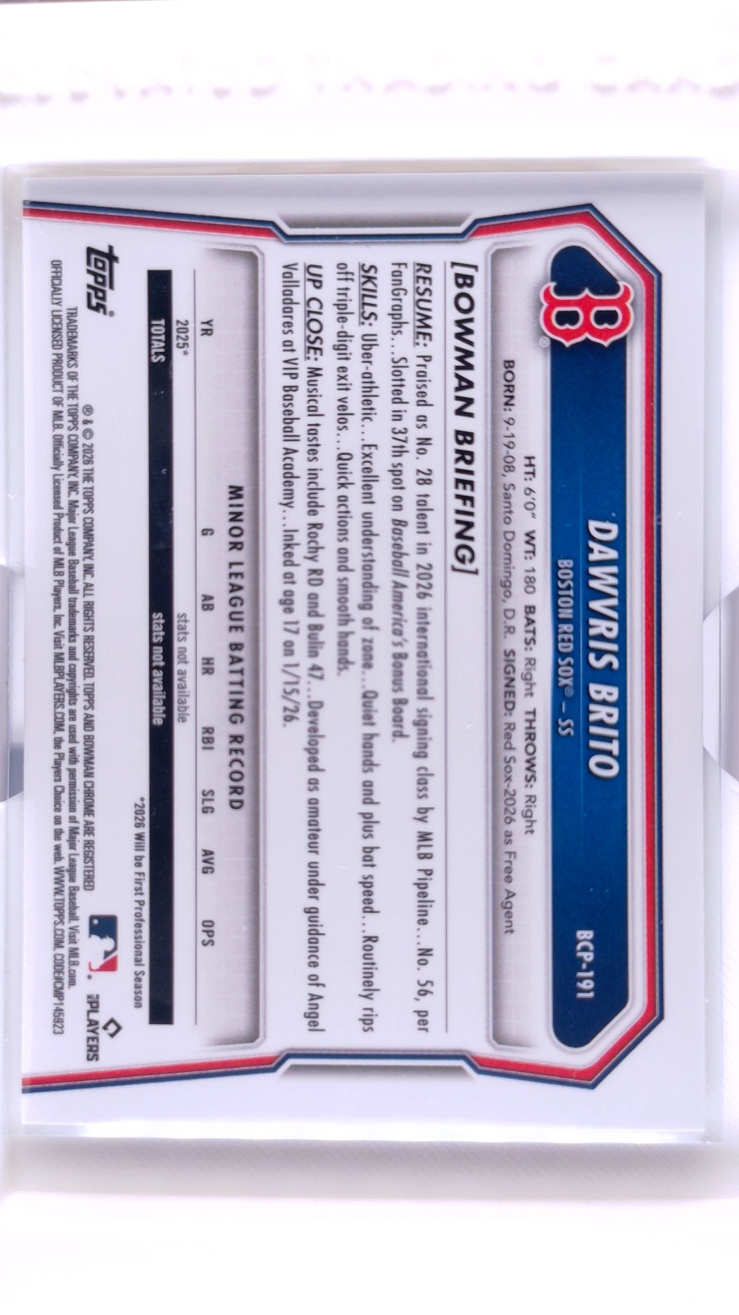 #BCP-191 Dawvris Brito Bowman Chrome Prospects - back