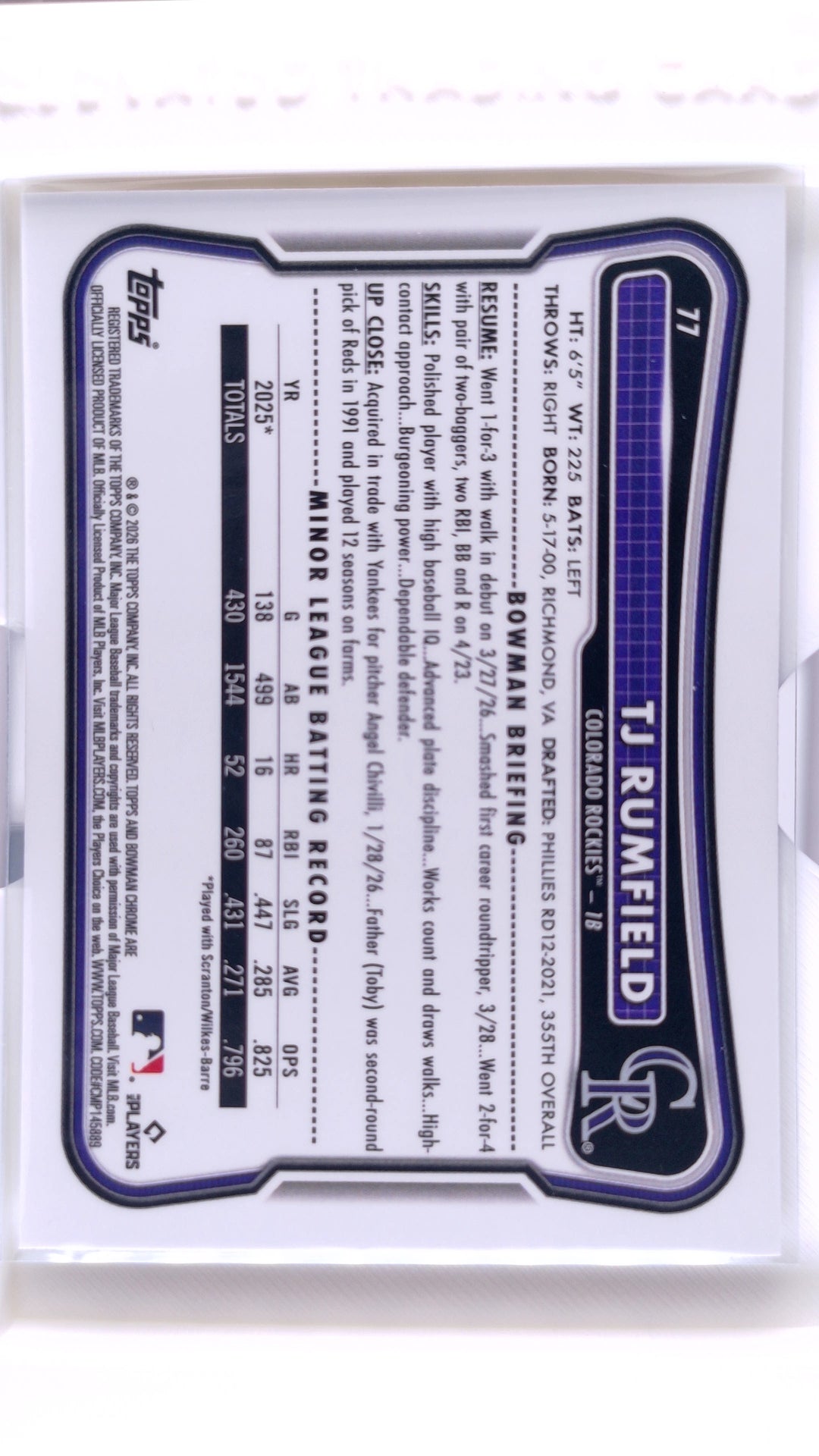 #77 TJ Rumfield Rookie - back