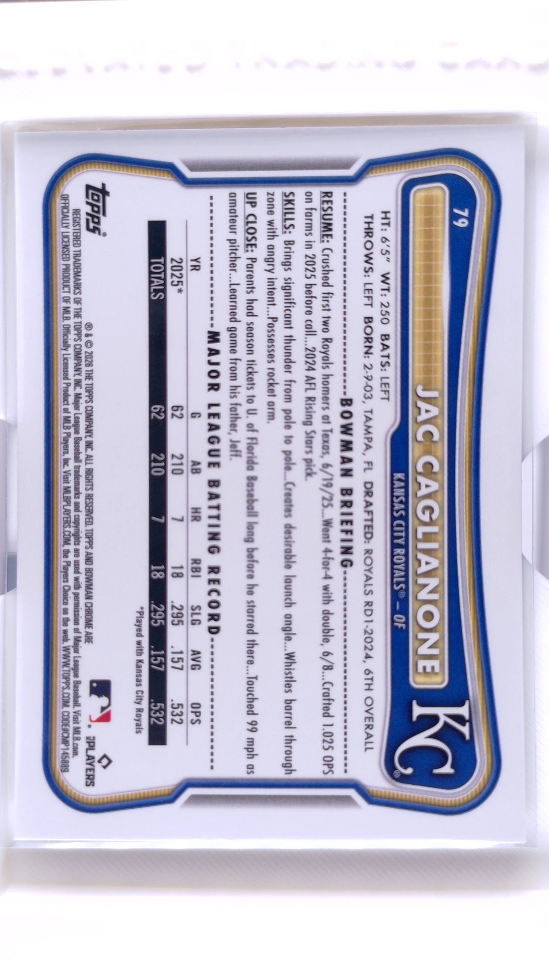 #79 Jac Caglianone Rookie - back