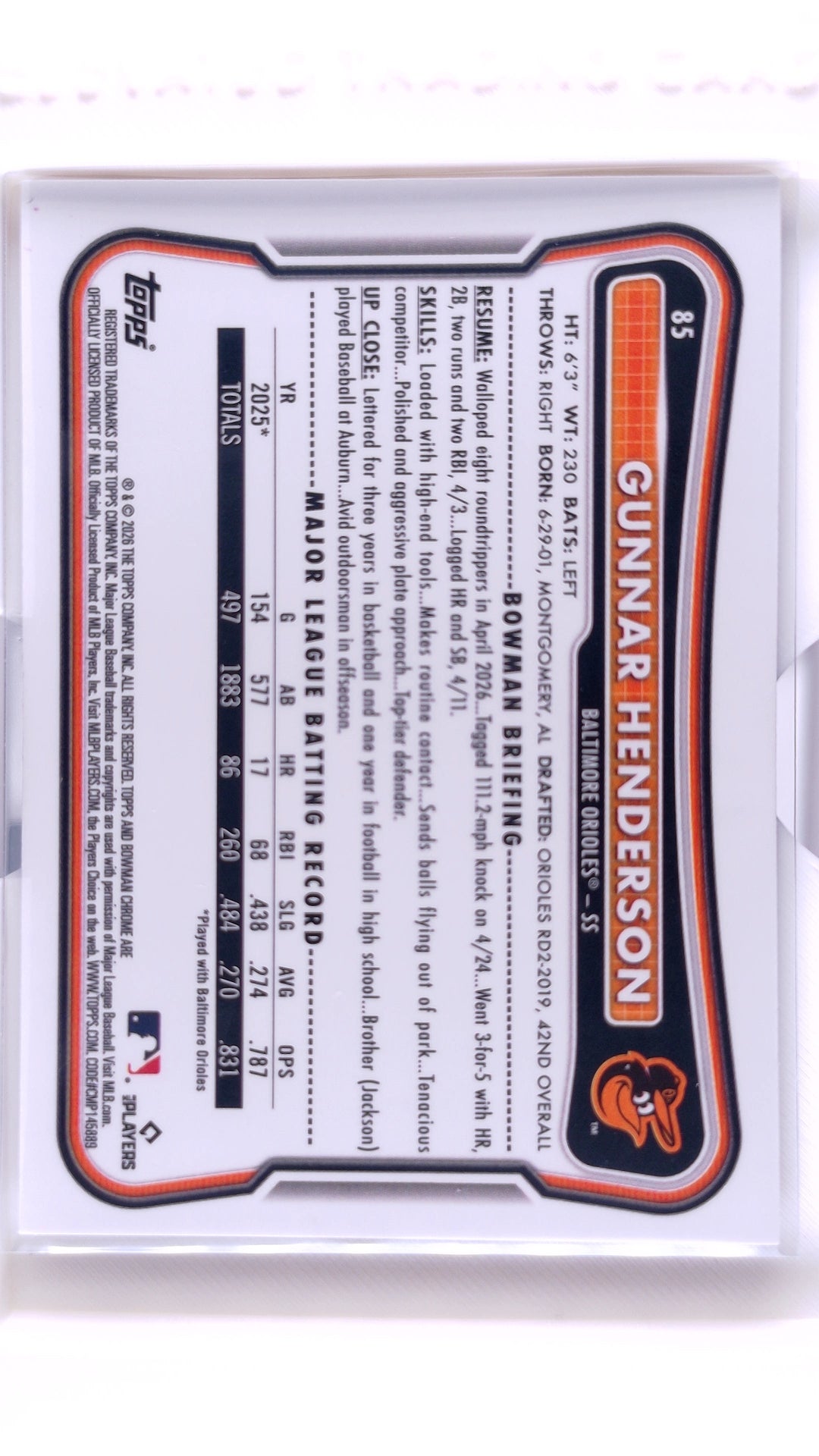 #85 Gunnar Henderson Fuchsia Wave Refractor #275/299 - back