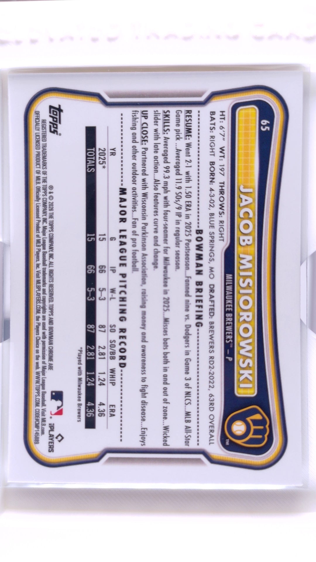 #65 Jacob Misiorowski Rookie - back