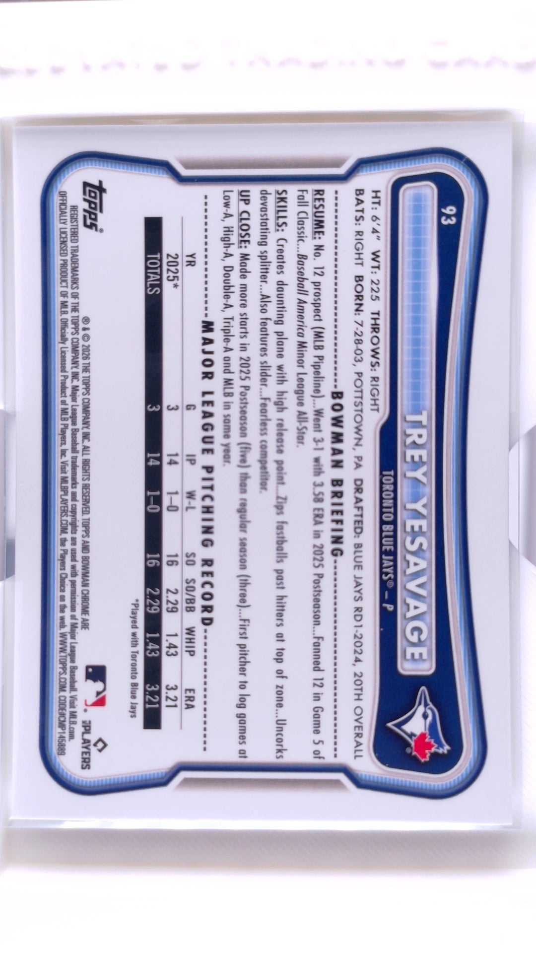 #93 Trey Yesavage Rookie - back
