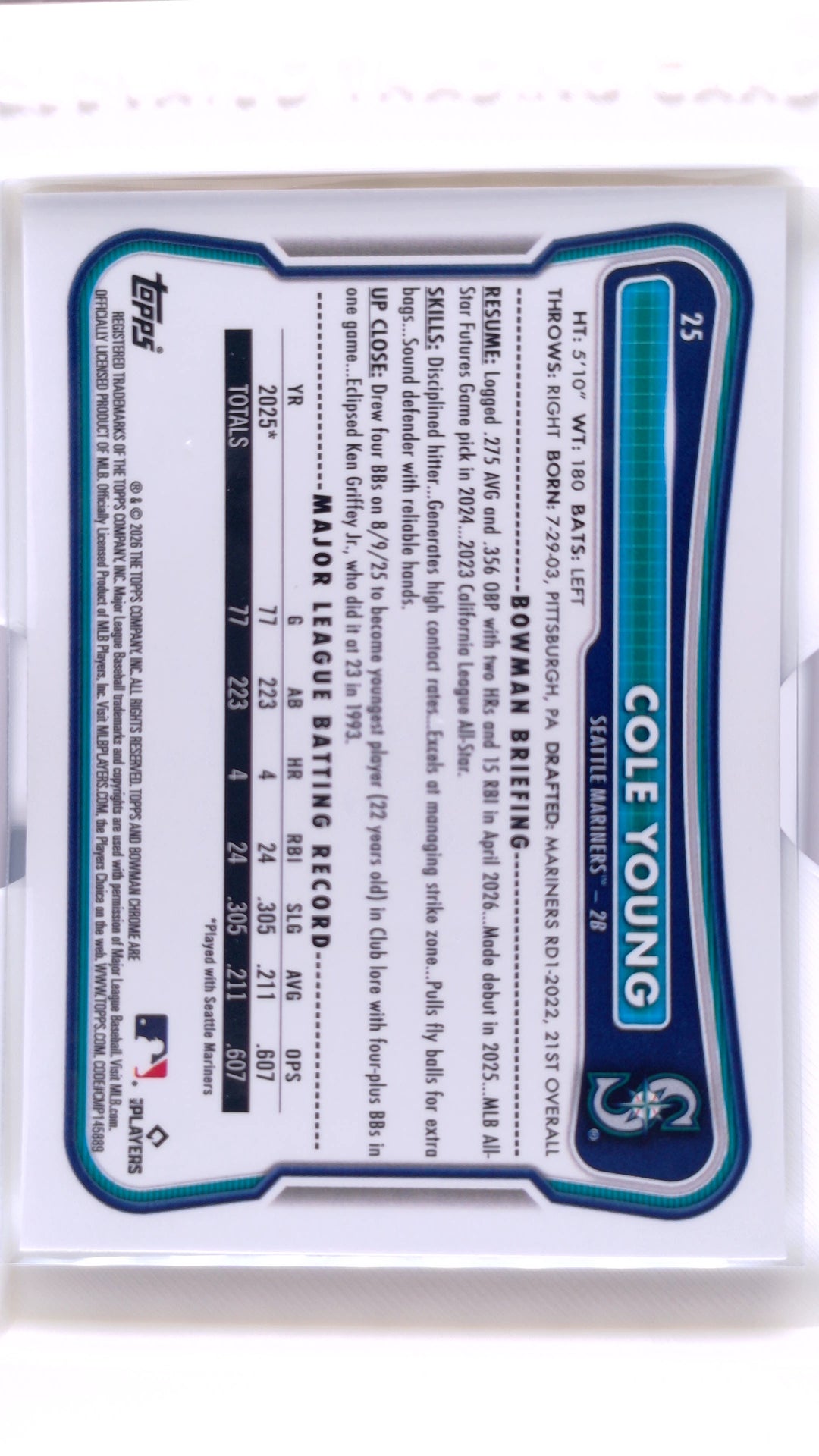 #25 Cole Young Rookie - back